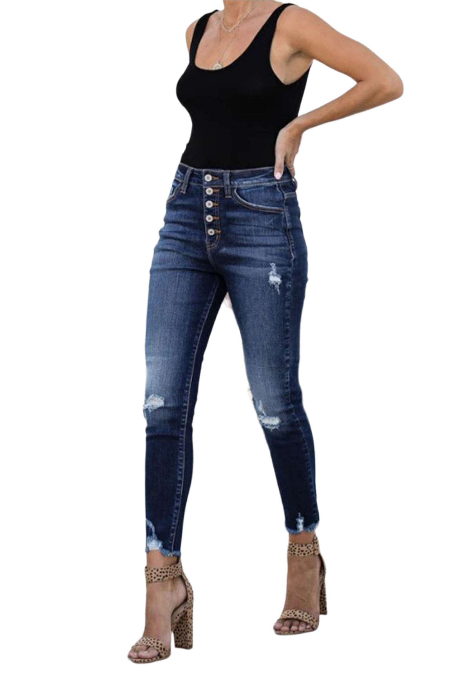 Buttoned Distressed Skinny Jeans