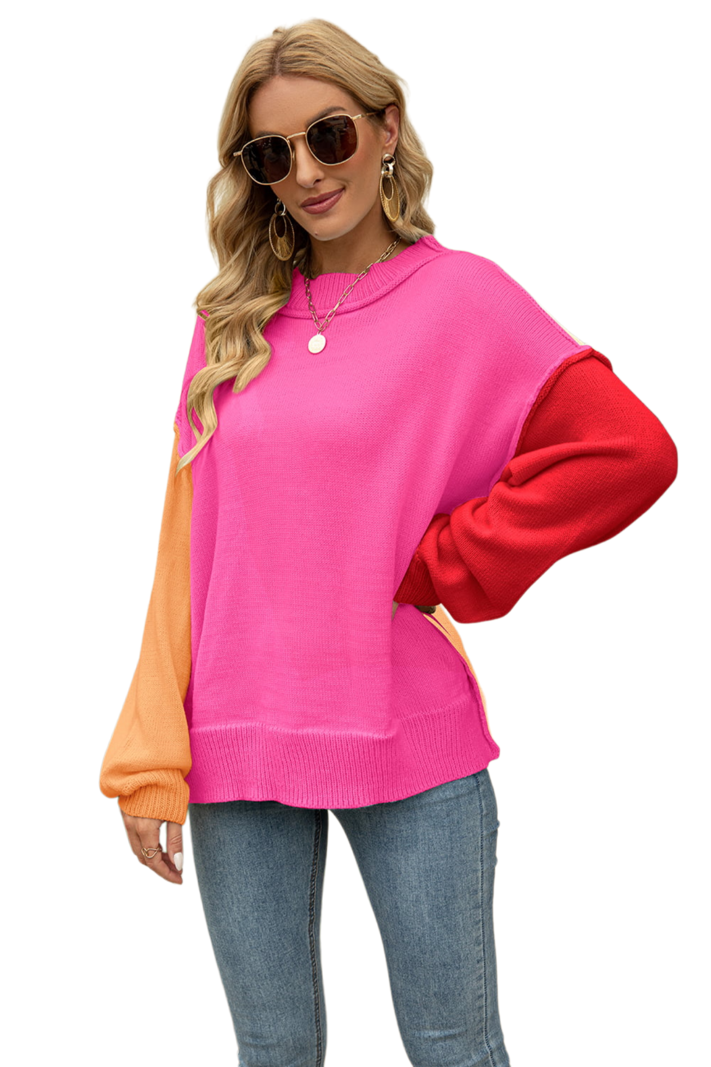 Color Block Round Neck Dropped Shoulder Sweater
