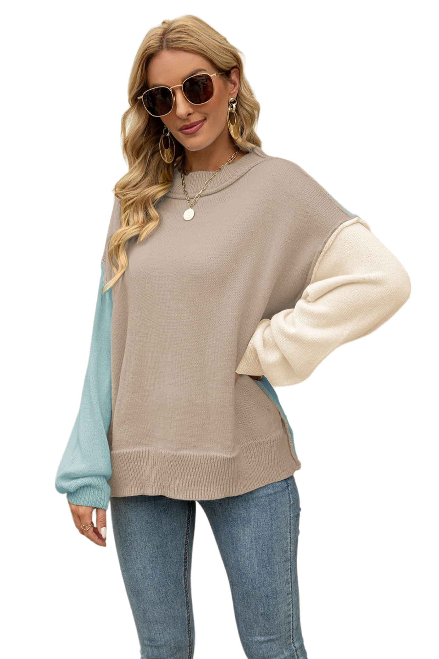 Color Block Round Neck Dropped Shoulder Sweater