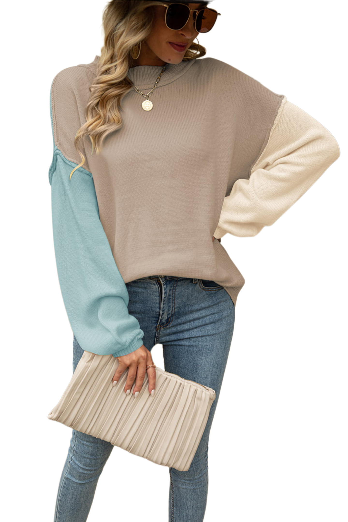 Color Block Round Neck Dropped Shoulder Sweater