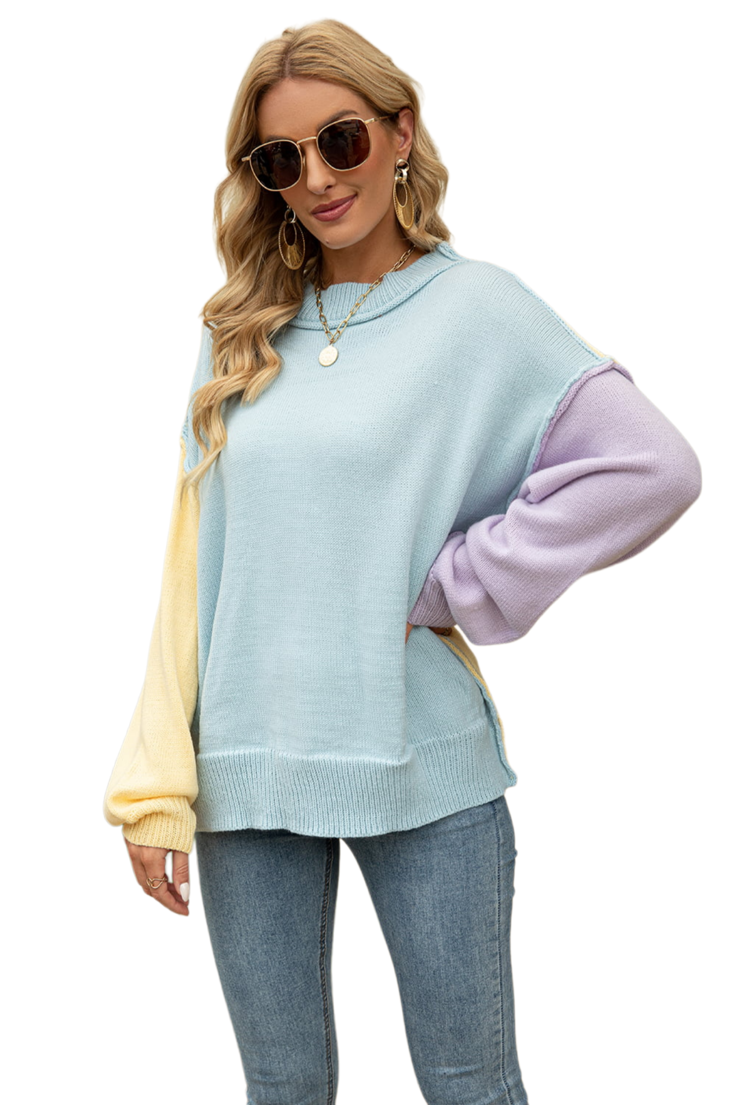 Color Block Round Neck Dropped Shoulder Sweater