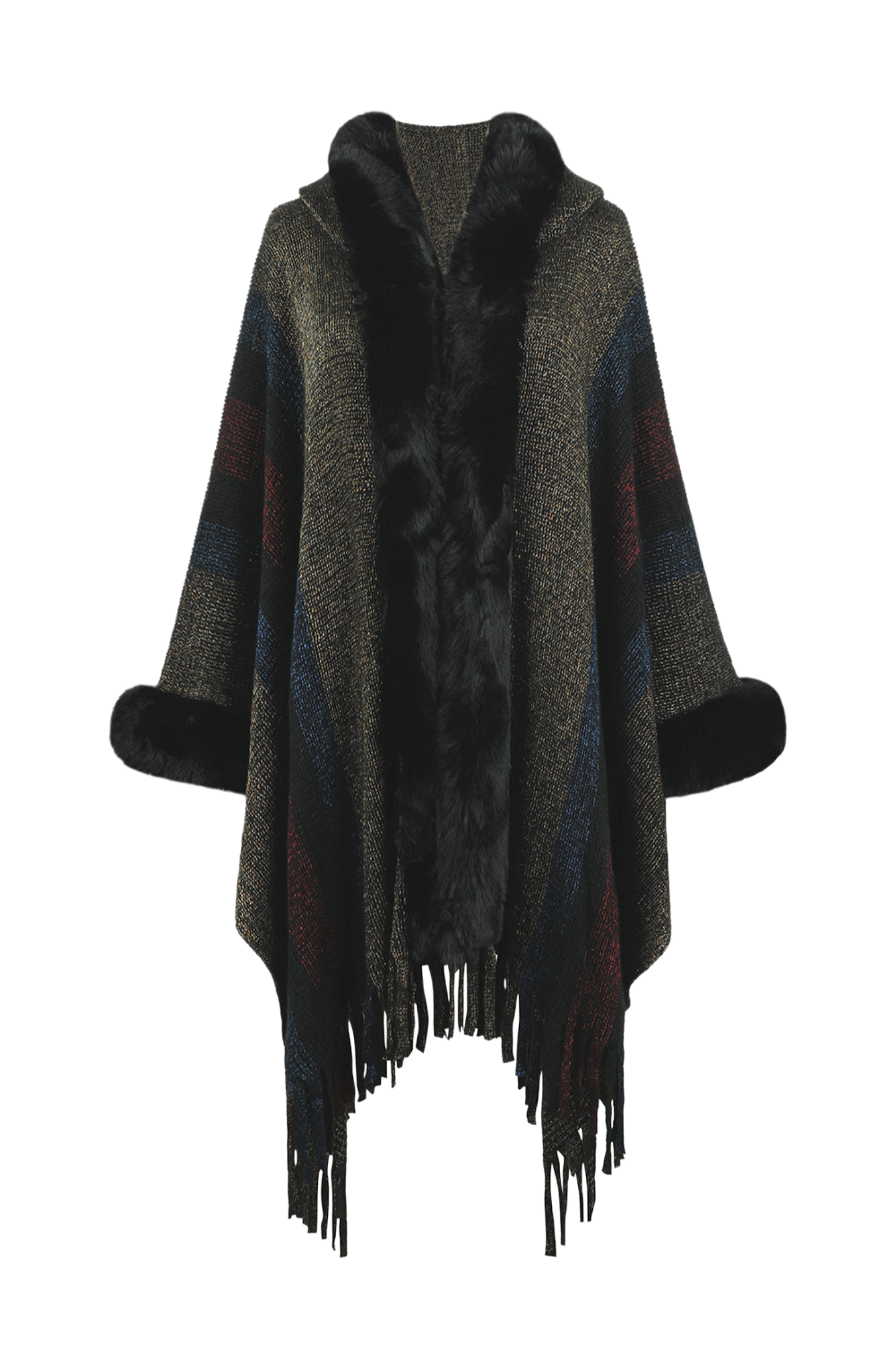 Color Block Fringe Detail Poncho