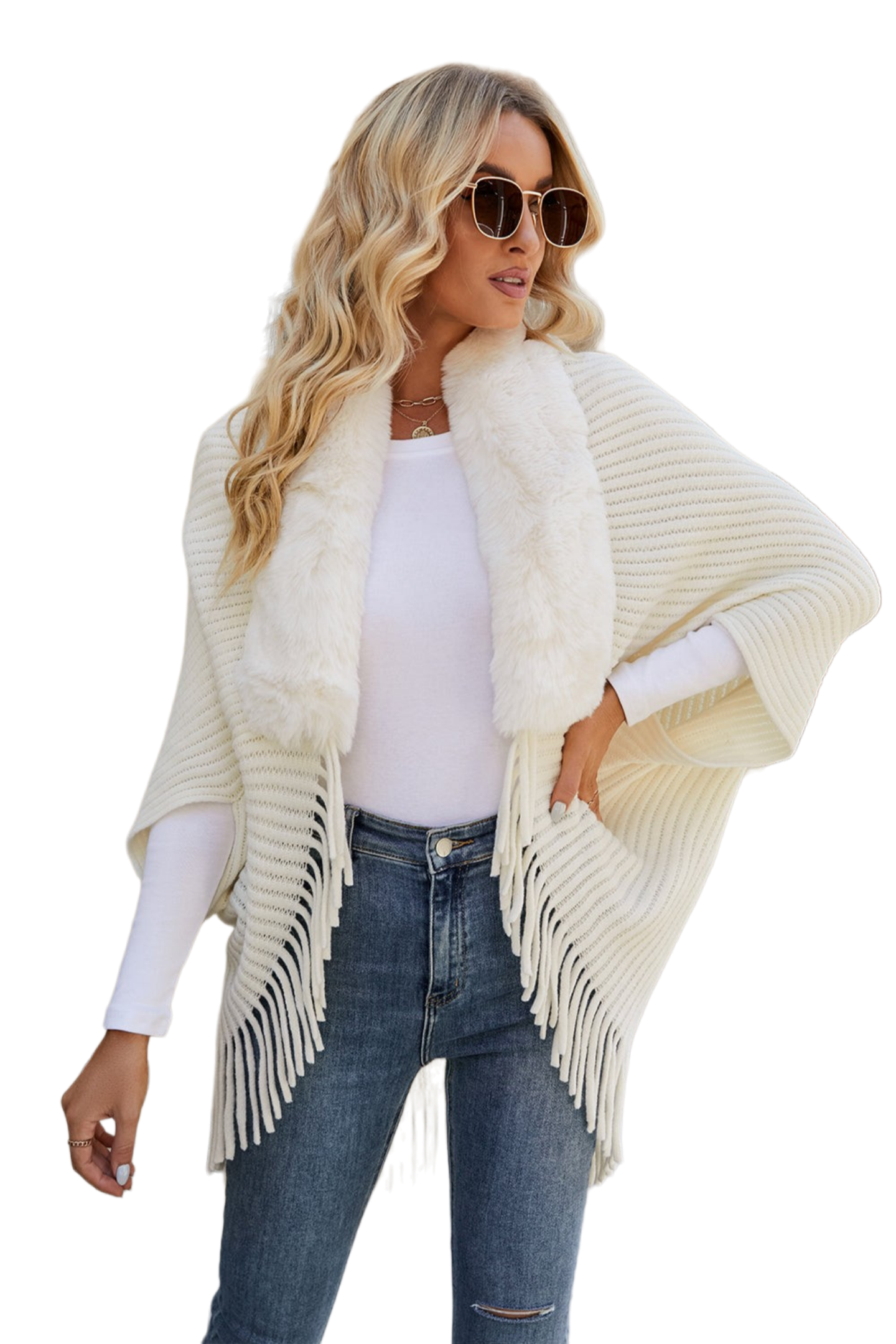 Fringe Detail Long Sleeve Ribbed Poncho