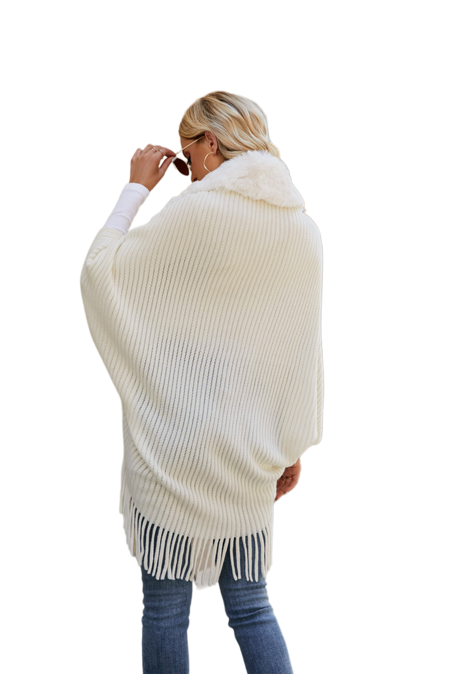 Fringe Detail Long Sleeve Ribbed Poncho