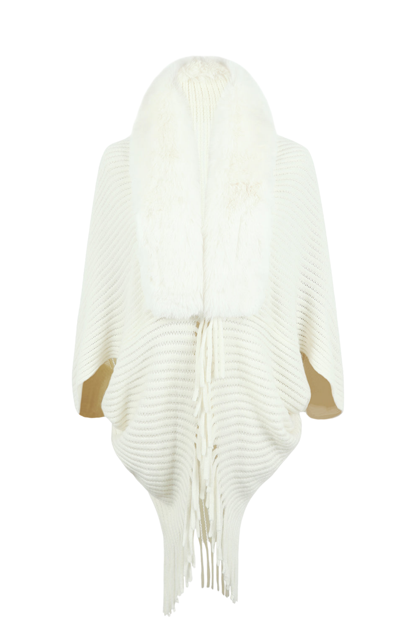 Fringe Detail Long Sleeve Ribbed Poncho