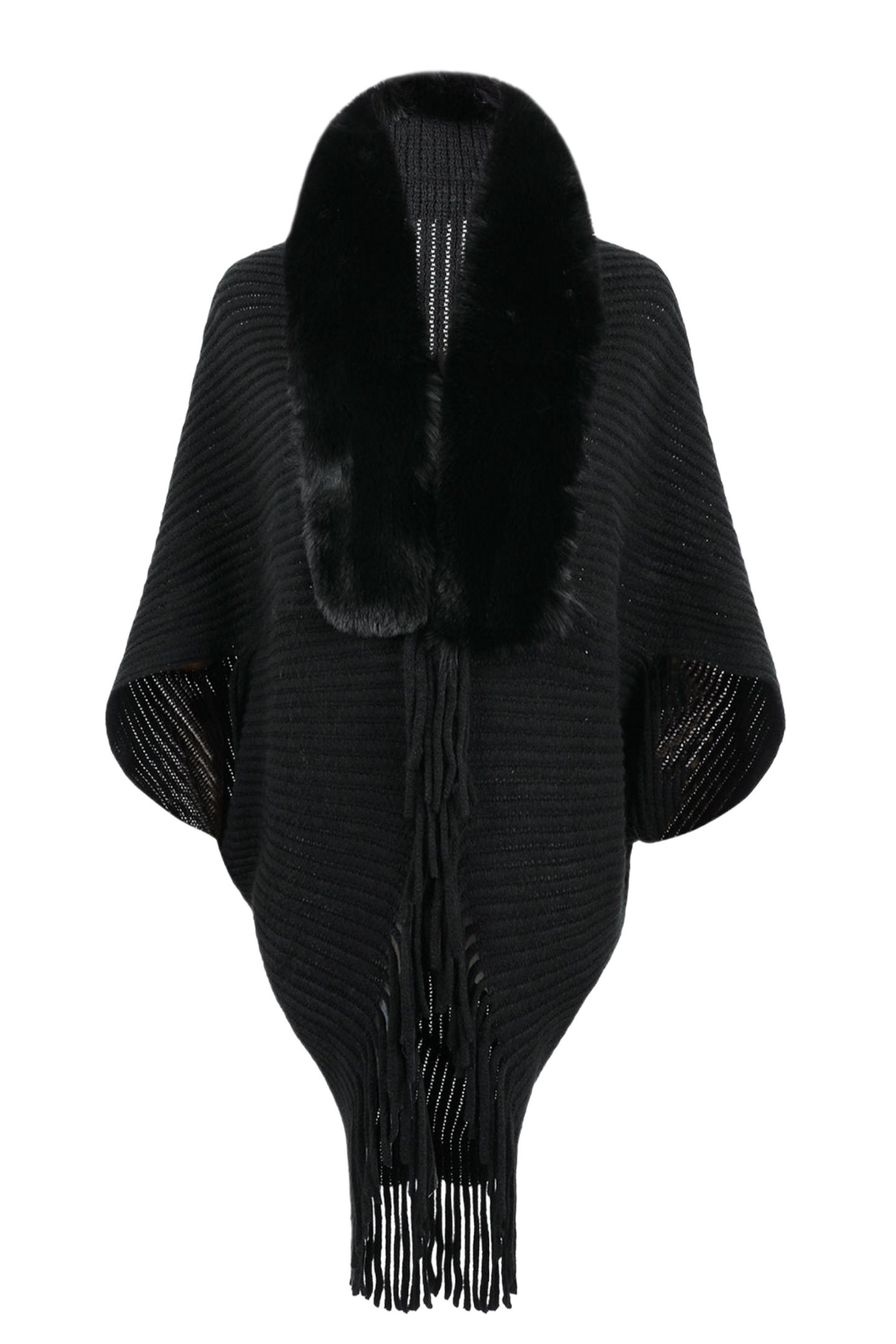 Fringe Detail Long Sleeve Ribbed Poncho