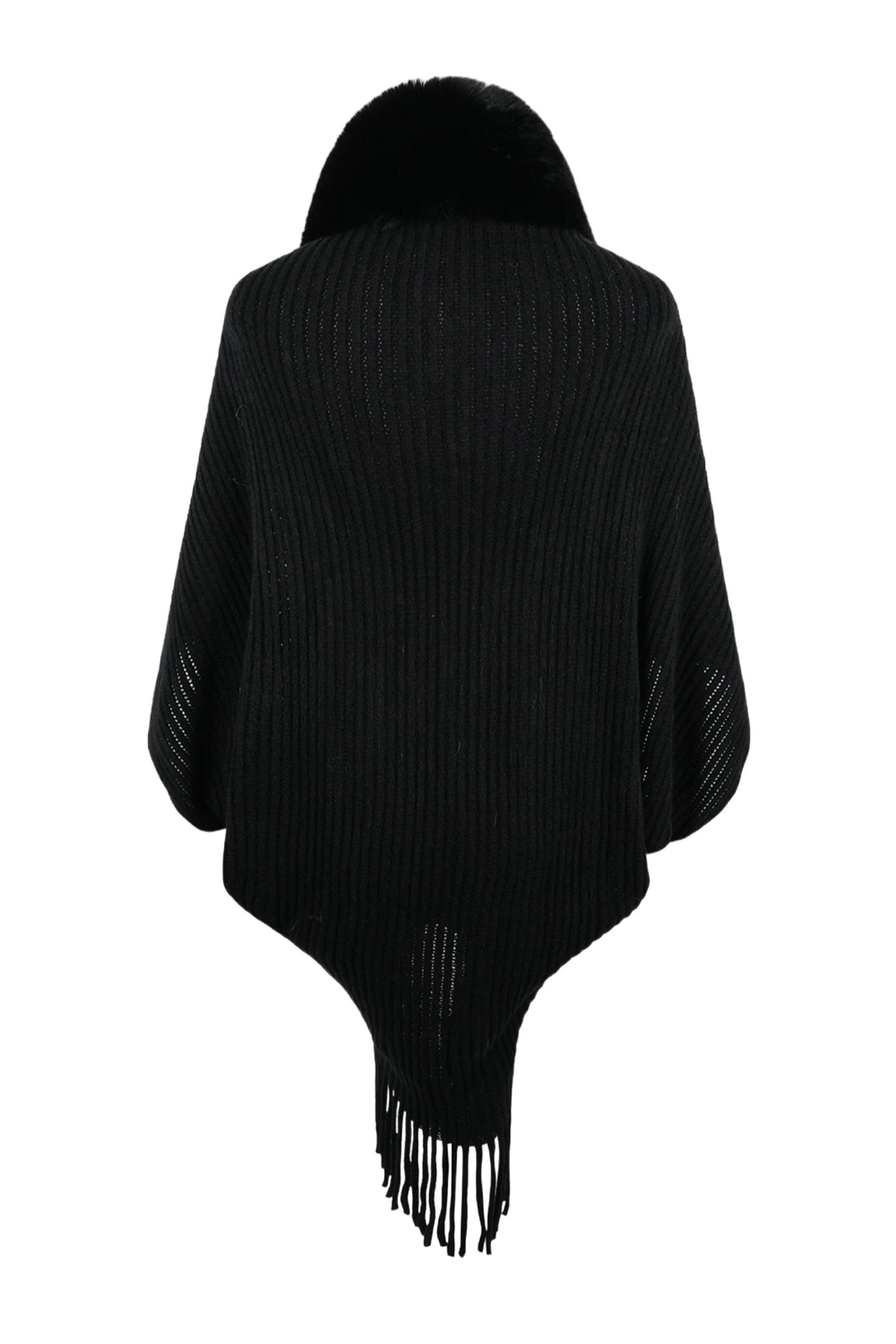 Fringe Detail Long Sleeve Ribbed Poncho