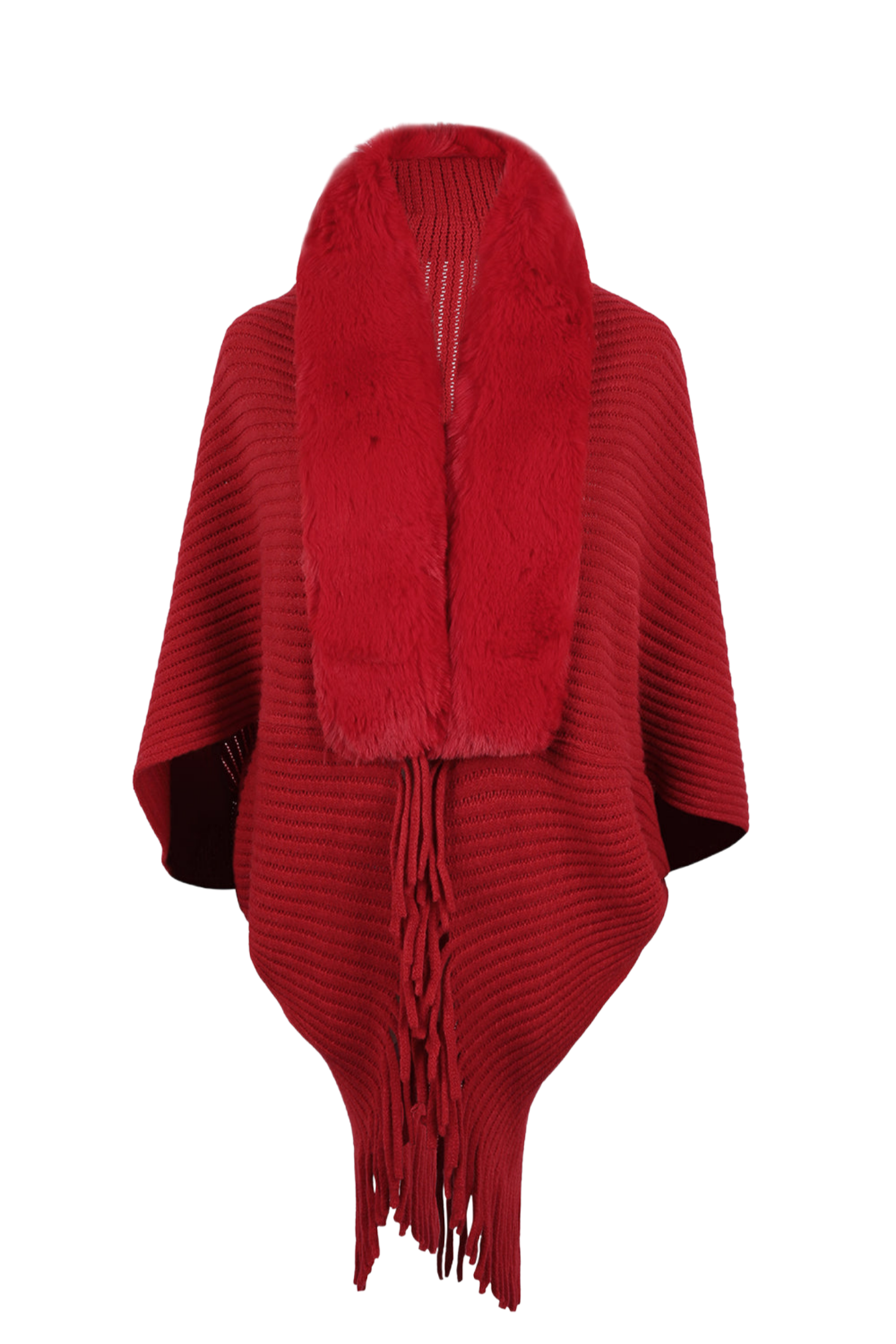 Fringe Detail Long Sleeve Ribbed Poncho