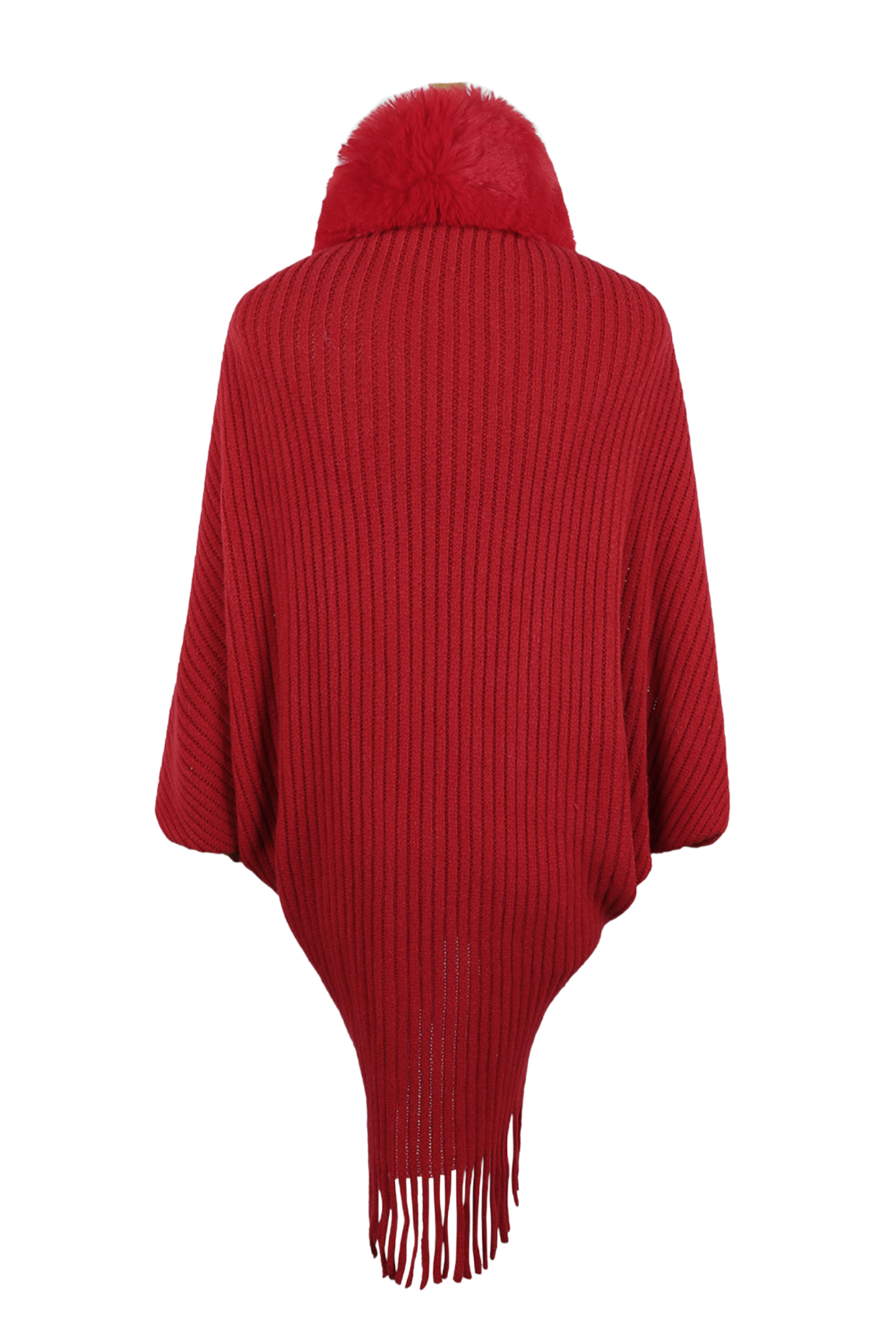 Fringe Detail Long Sleeve Ribbed Poncho