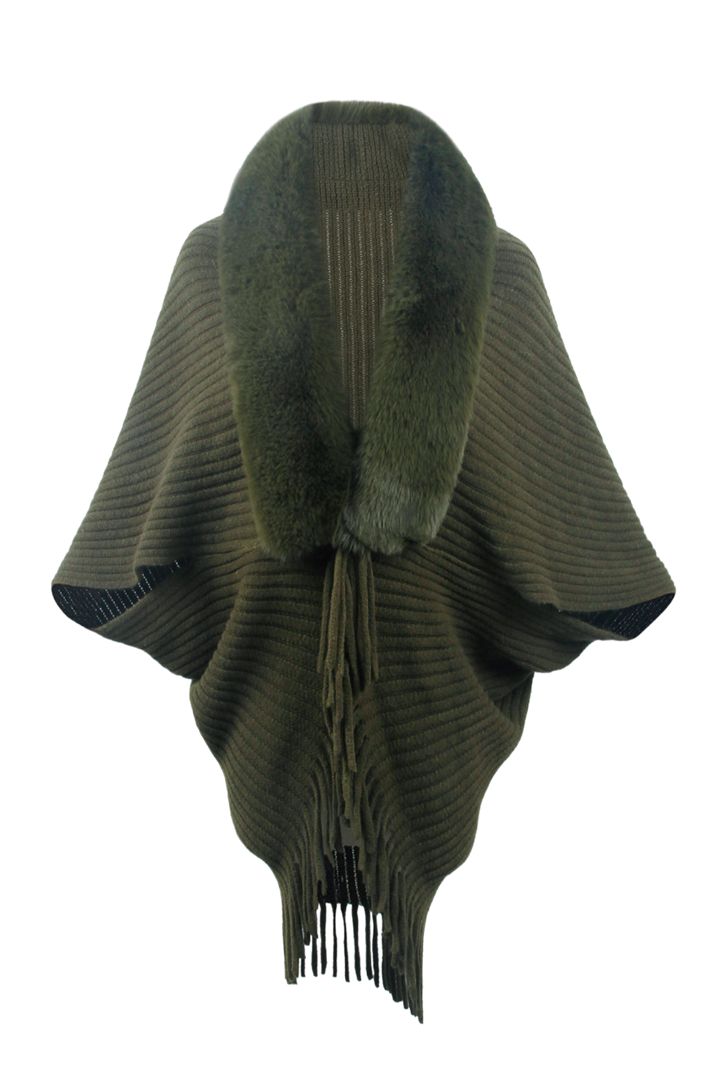 Fringe Detail Long Sleeve Ribbed Poncho