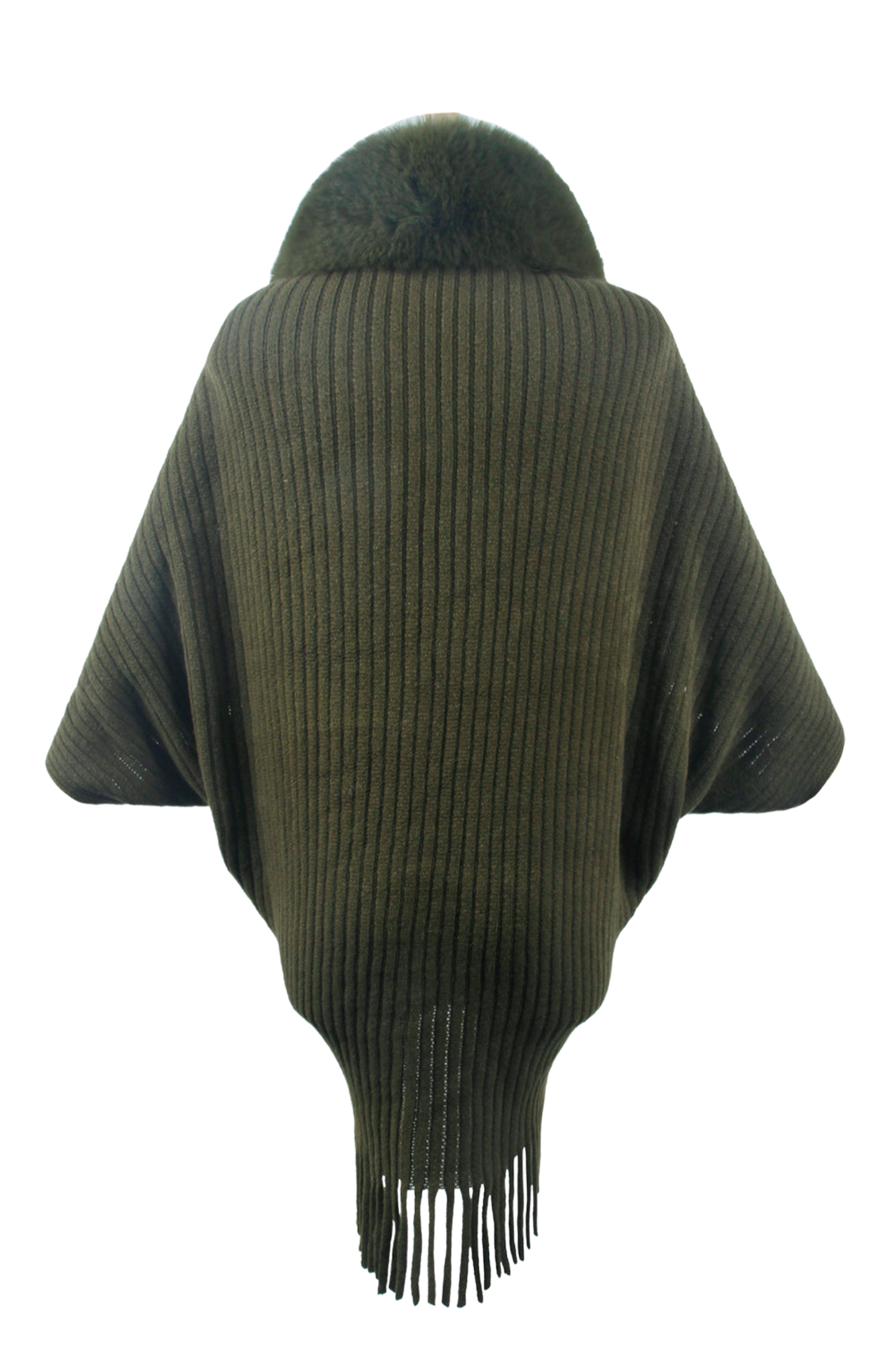 Fringe Detail Long Sleeve Ribbed Poncho
