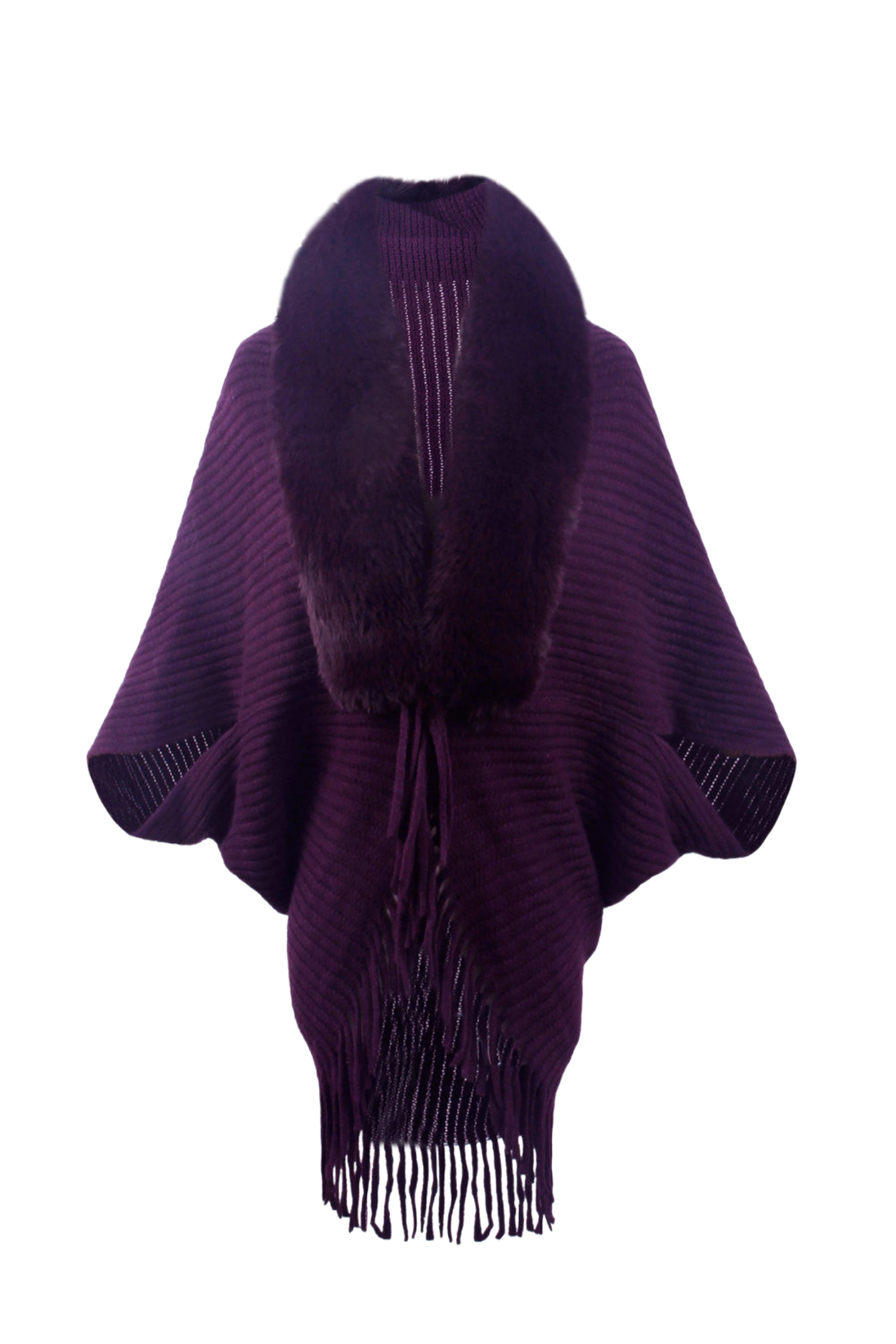 Fringe Detail Long Sleeve Ribbed Poncho