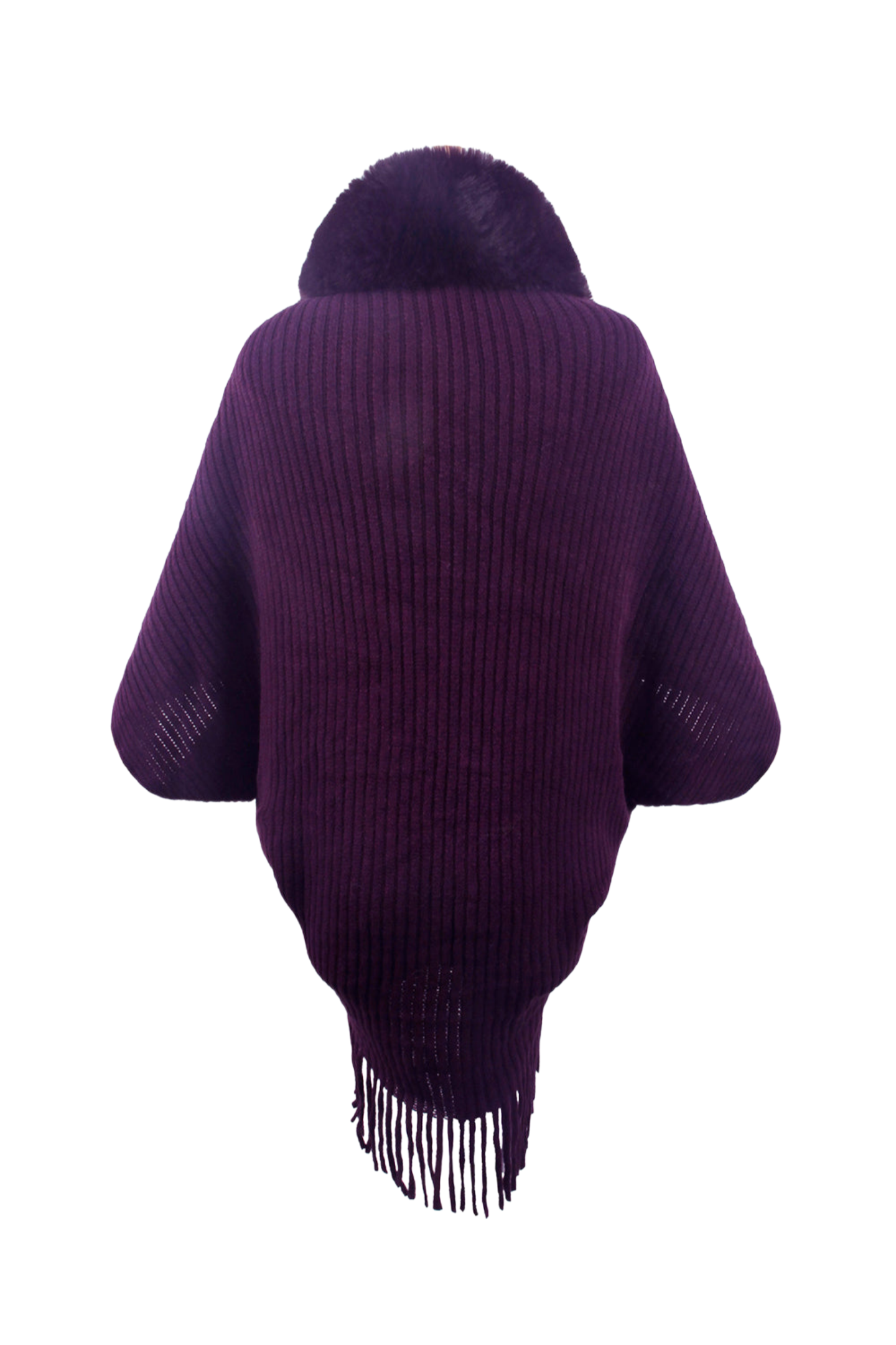 Fringe Detail Long Sleeve Ribbed Poncho