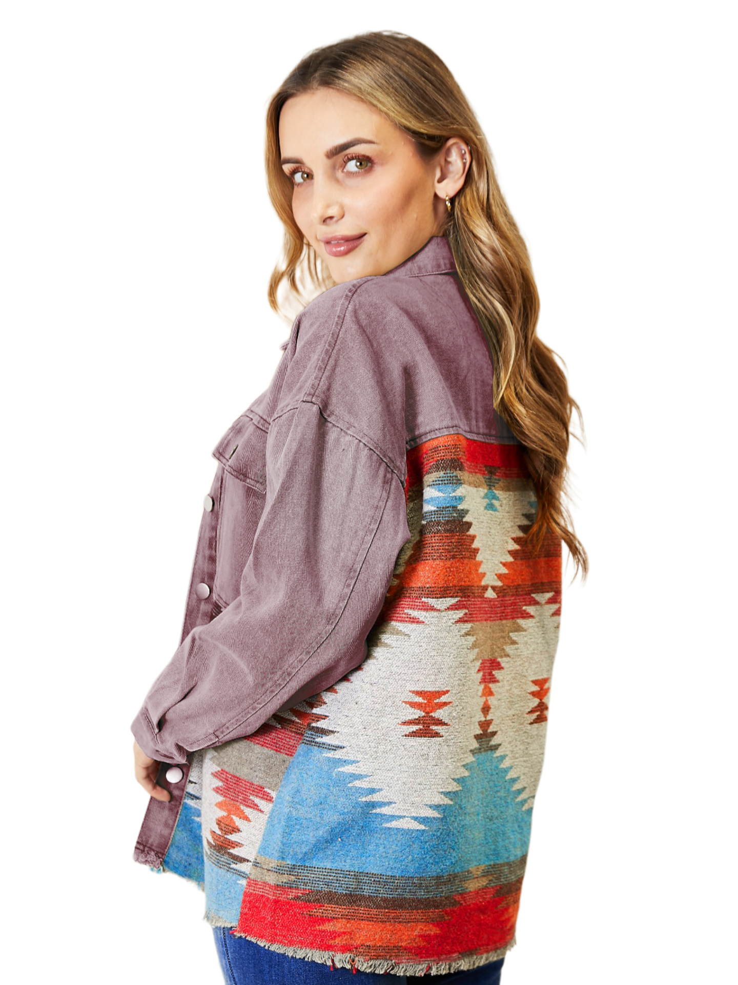 Dropped Shoulder Long Sleeve Printed Denim Jacket