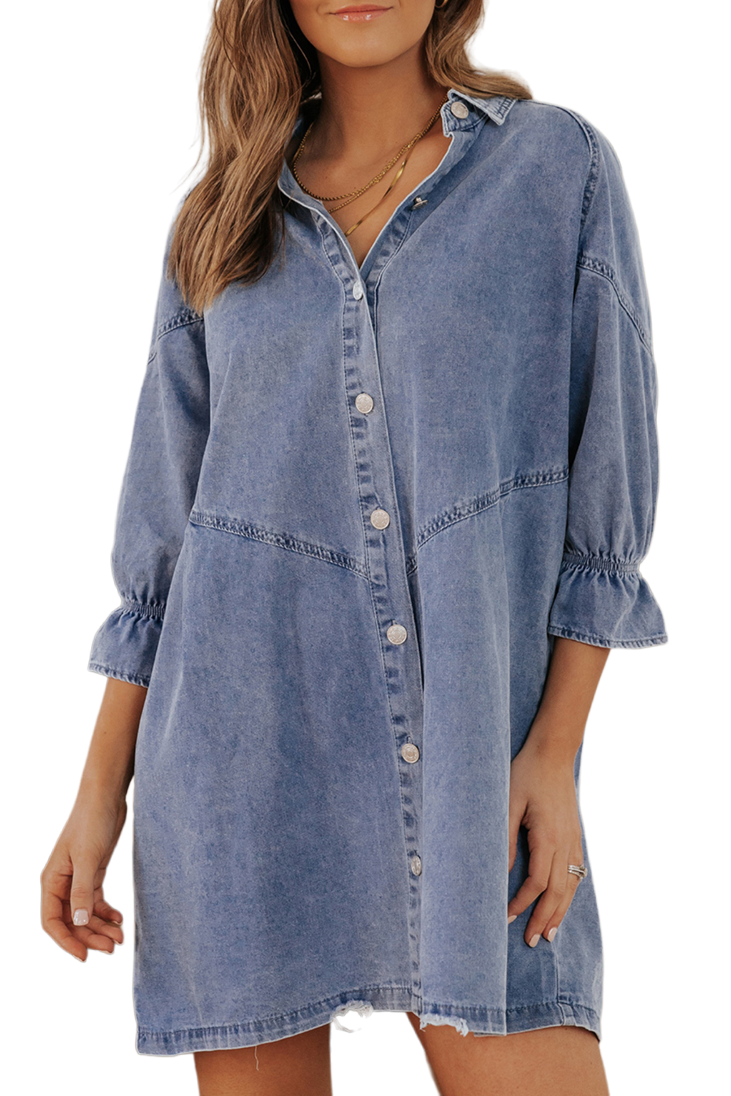 Collared Neck Flounce Sleeve Denim Mini Dress