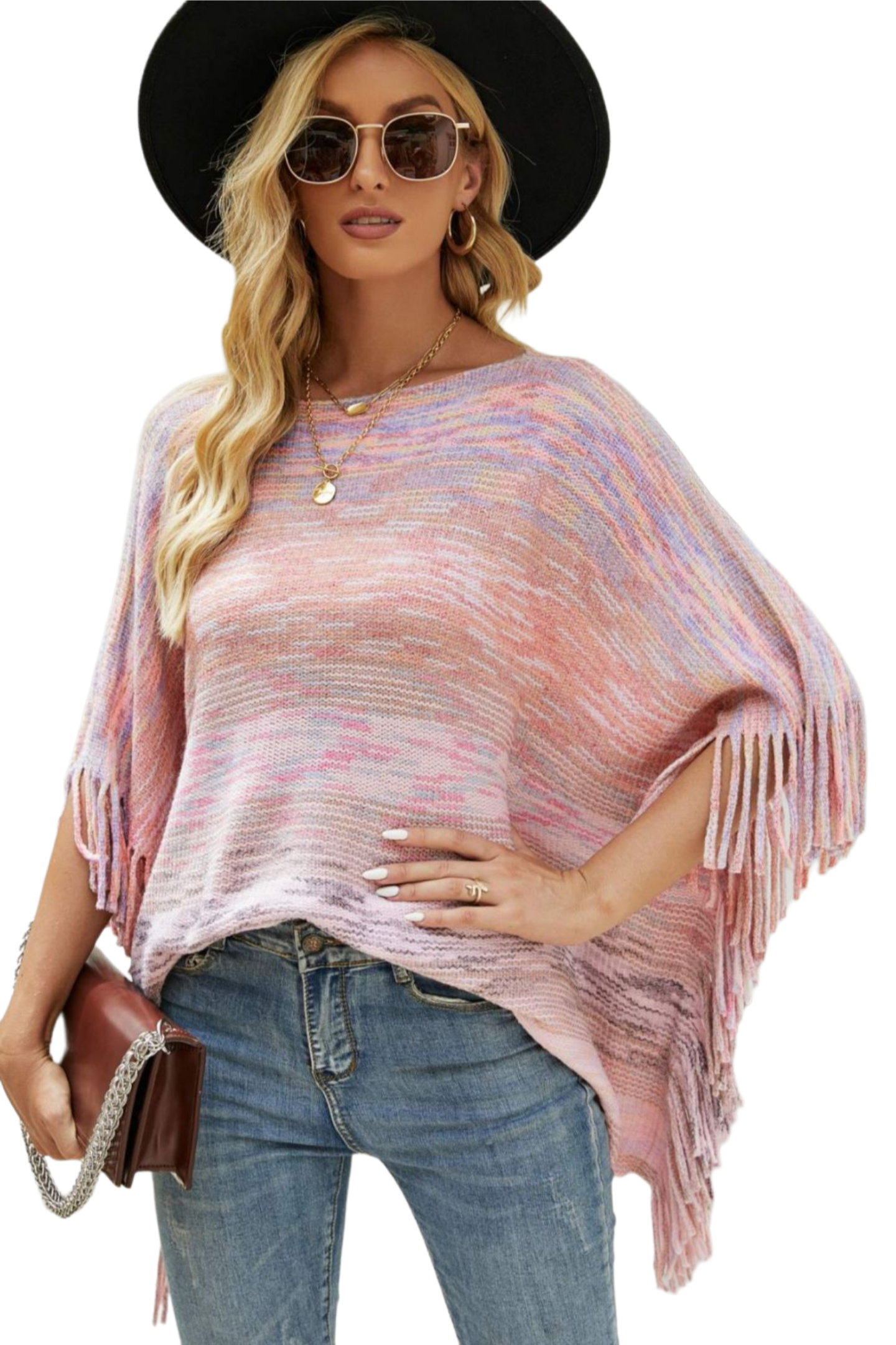 Round Neck Fringe Detail Poncho
