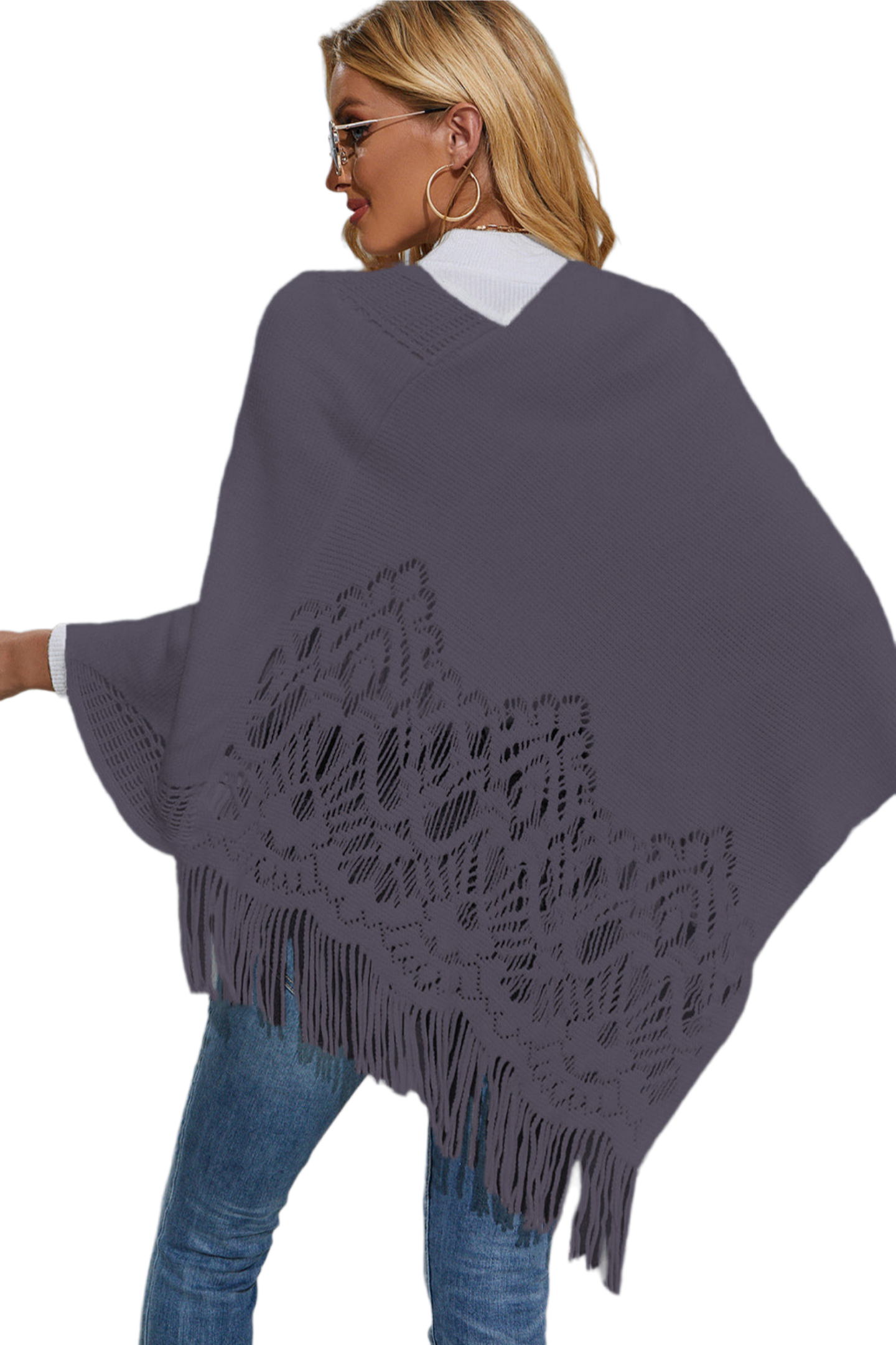 Round Neck Fringe Detail Poncho