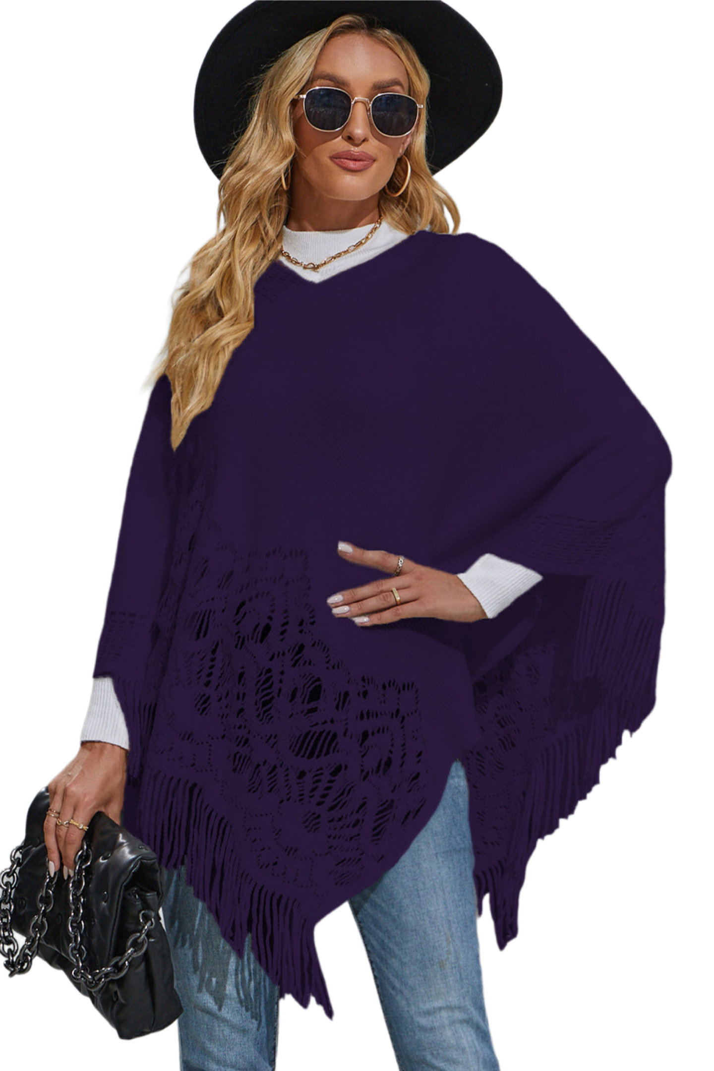 Round Neck Fringe Detail Poncho