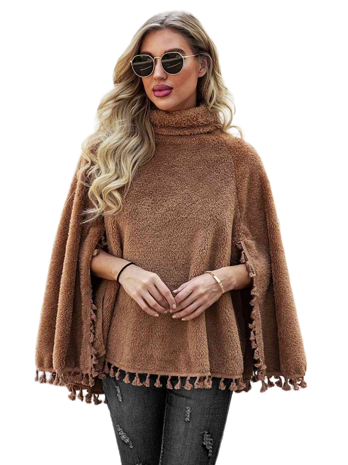 Full Size Turtleneck Tassel Hem Poncho