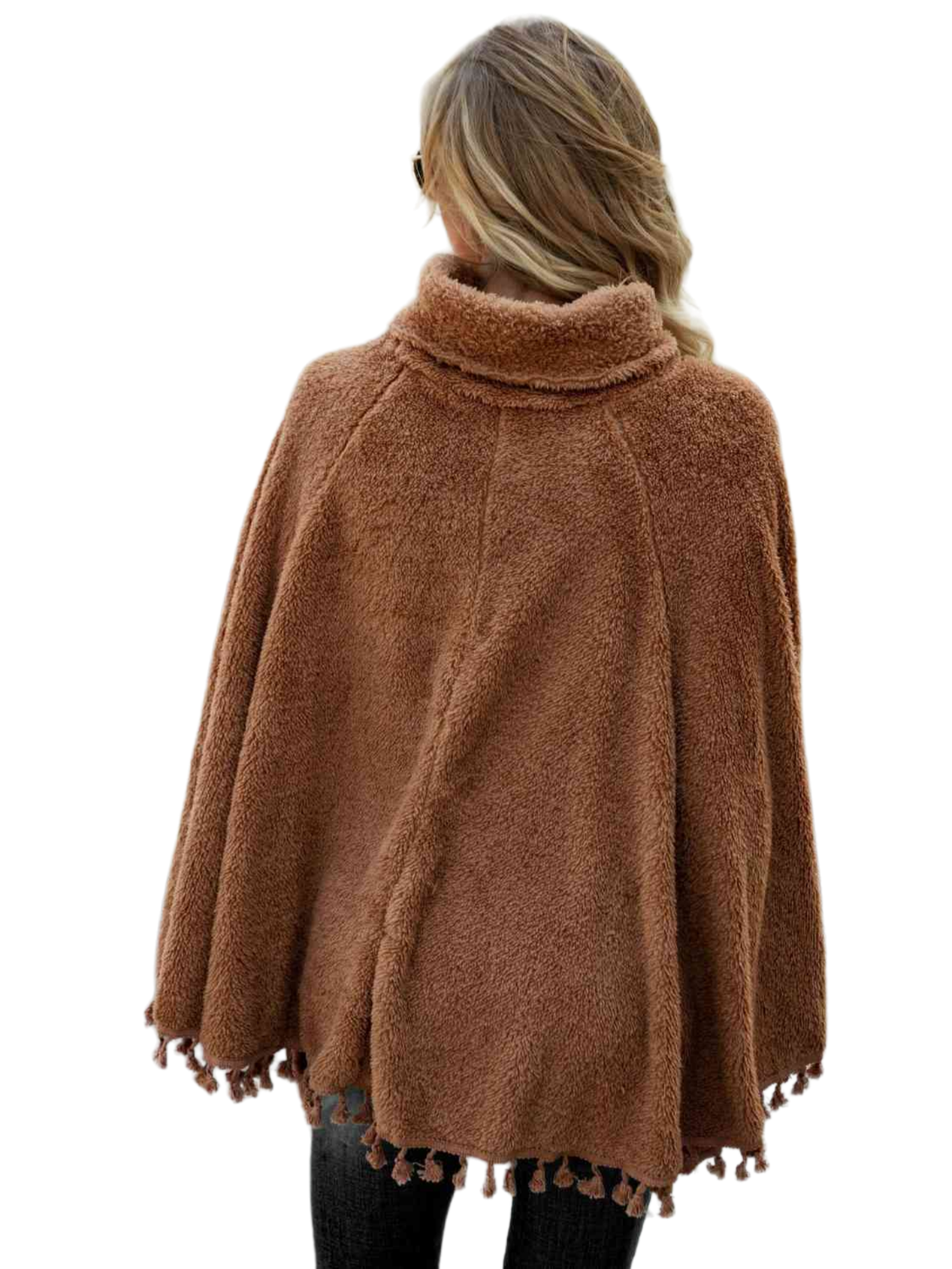 Full Size Turtleneck Tassel Hem Poncho
