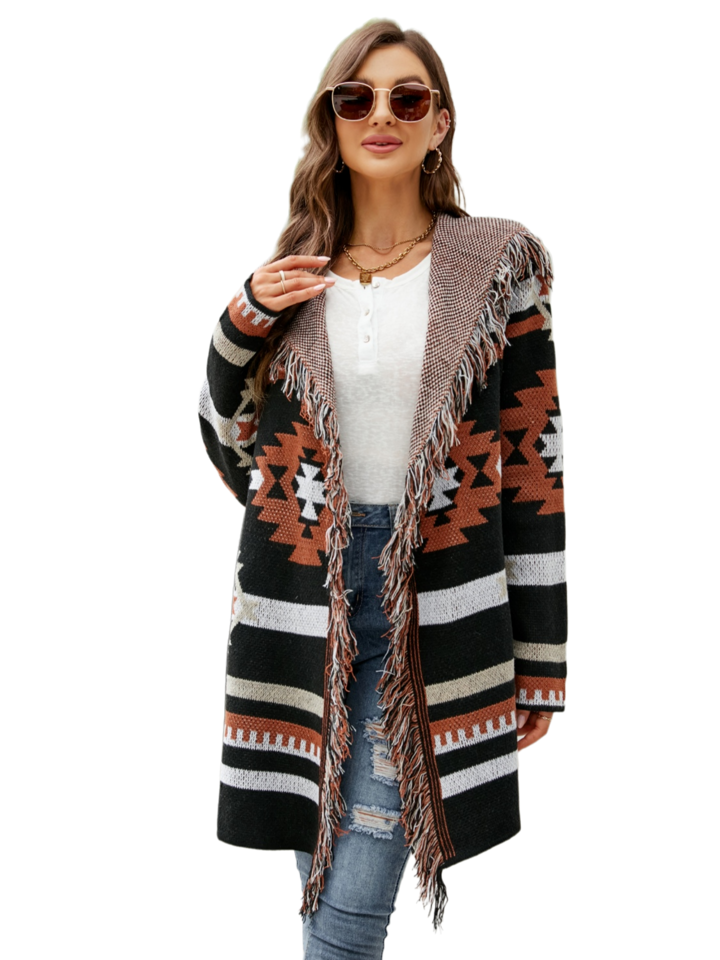 Fringe Geometric Hooded Long Sleeve Cardigan
