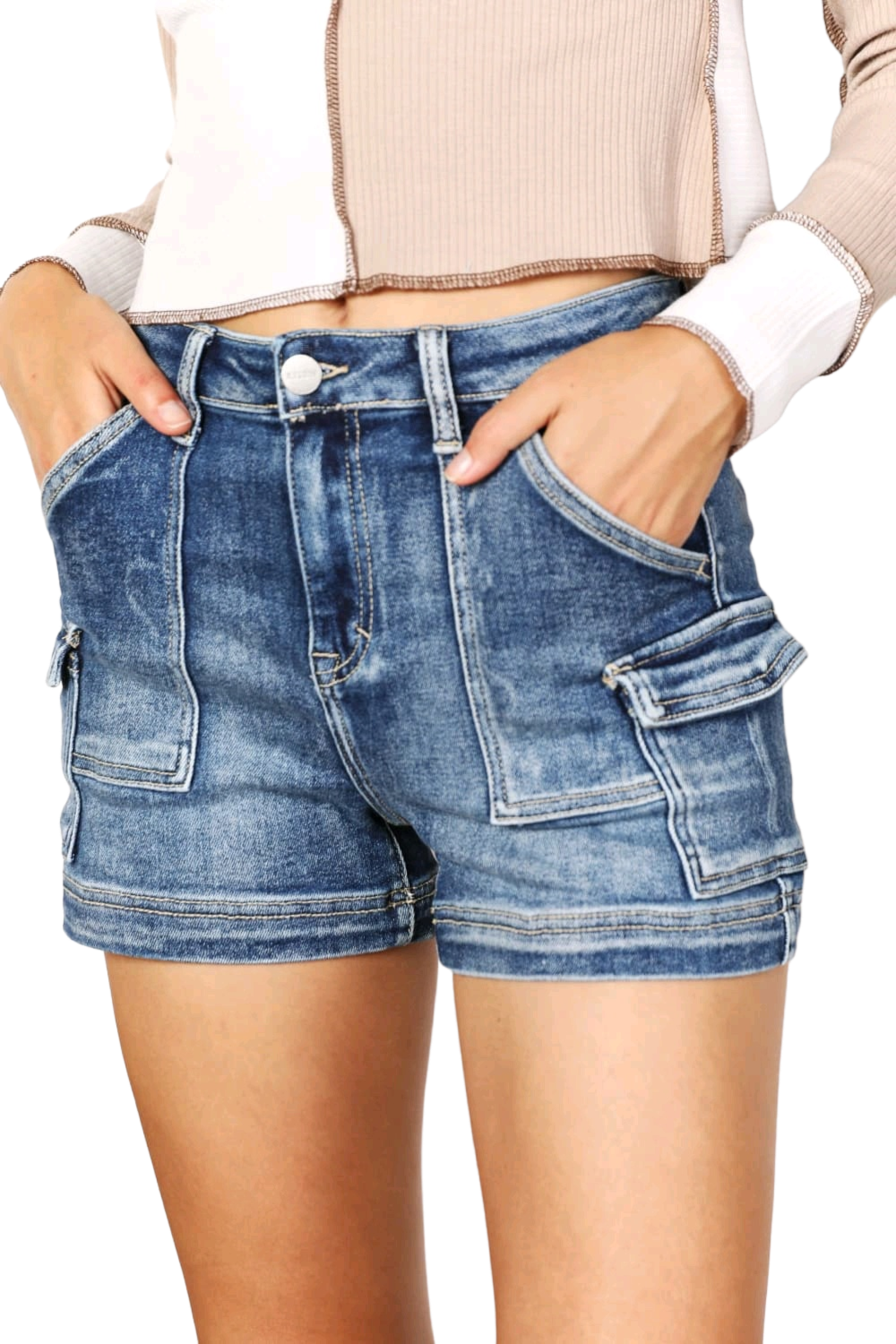 RISEN Full Size High Rise Side Cargo Pocket Shorts