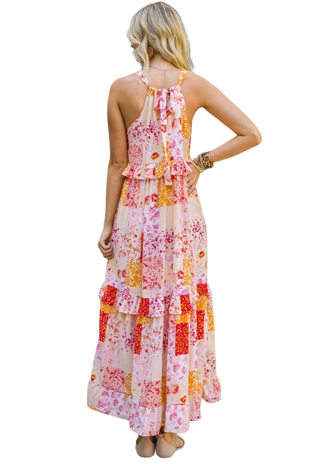 Patchwork Grecian Neck Ruffled Maxi Dress