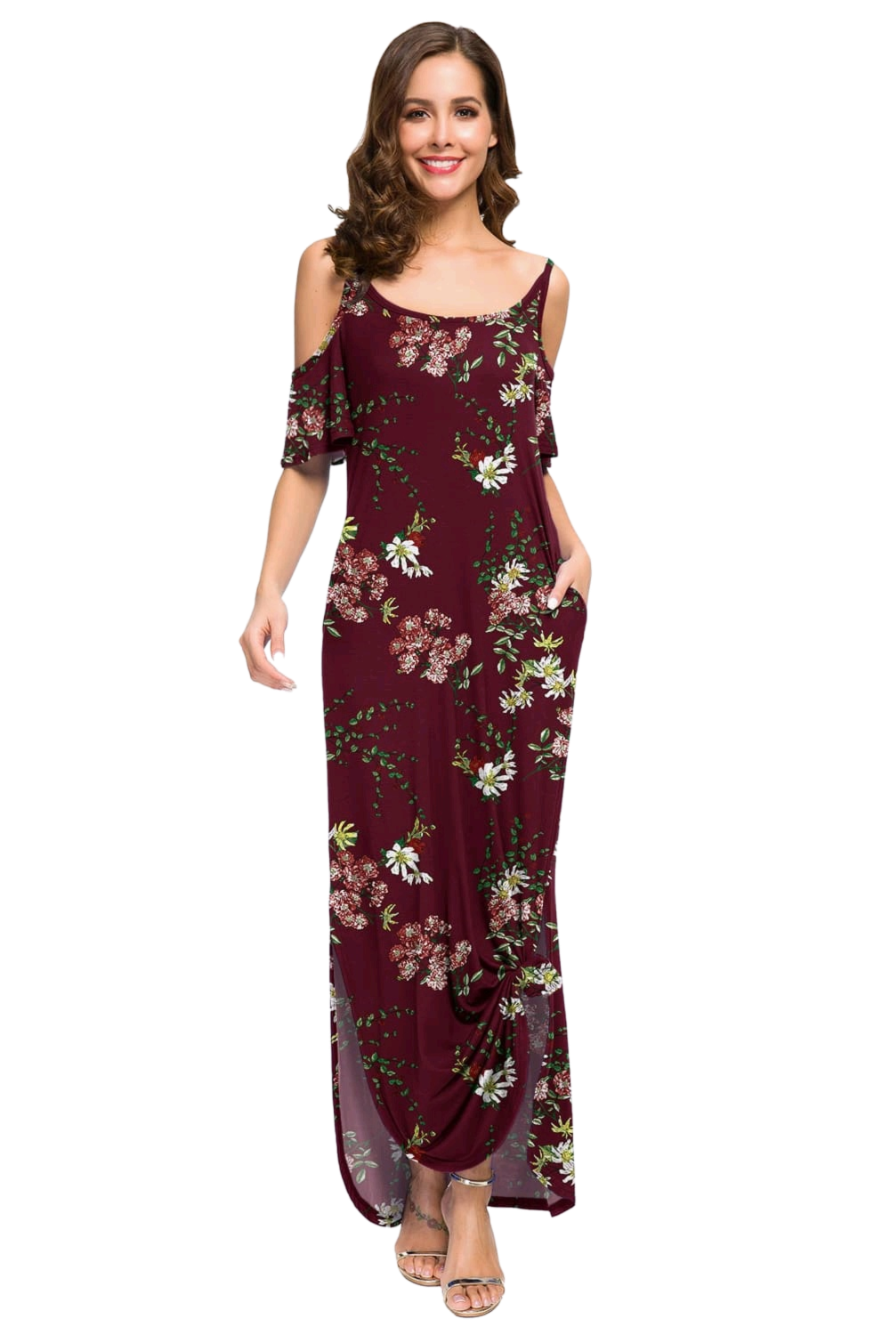 Slit Scoop Neck Cold-Shoulder Maxi Dress
