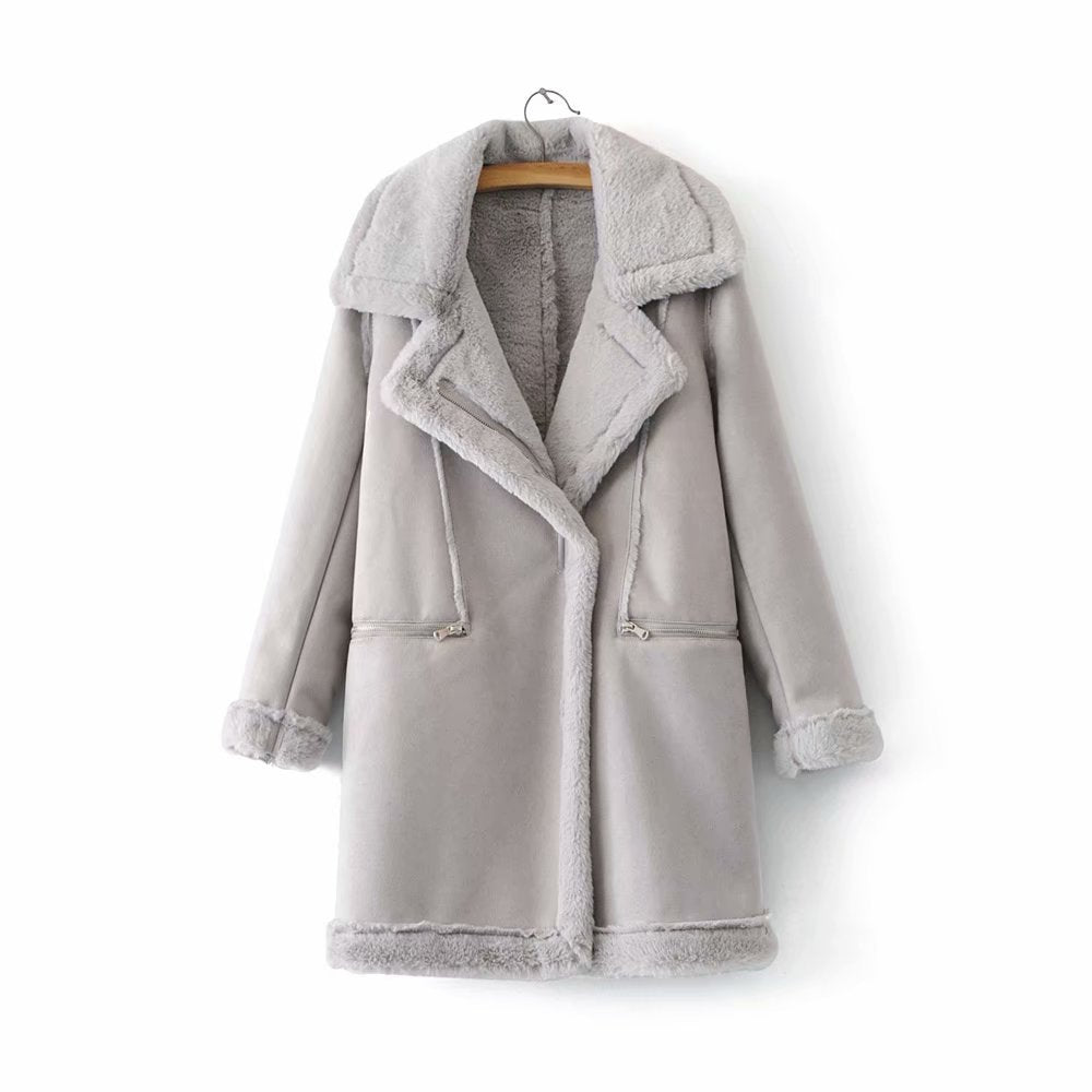 Women's Winter Suede Leather Jacket Motorcycle WomenThicken Lambswool Fur Long Leather Coat Female Warm Outerwear Womens
