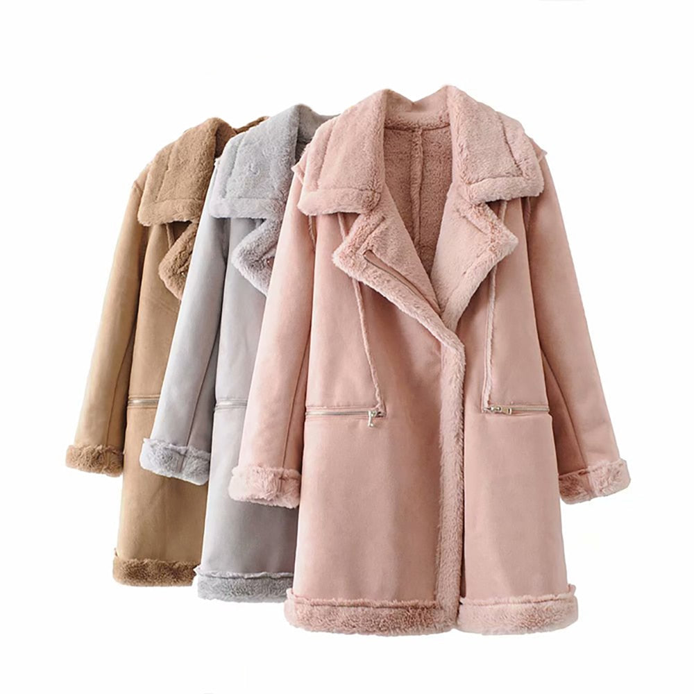 Women's Winter Suede Leather Jacket Motorcycle WomenThicken Lambswool Fur Long Leather Coat Female Warm Outerwear Womens