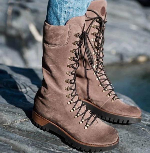 Large lace-up mid-tube women's leather boots