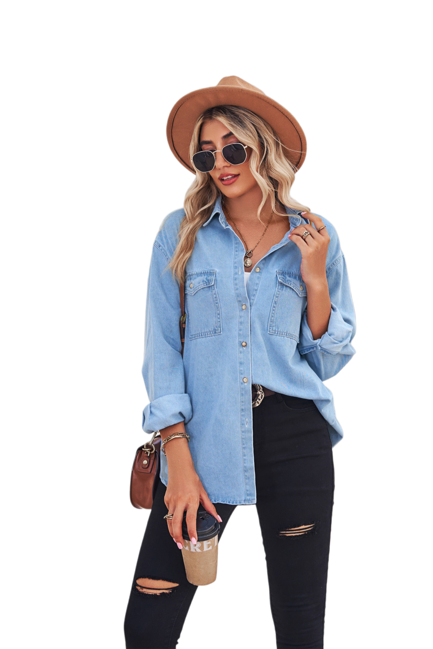 Collared Neck Dropped Shoulder Denim Top