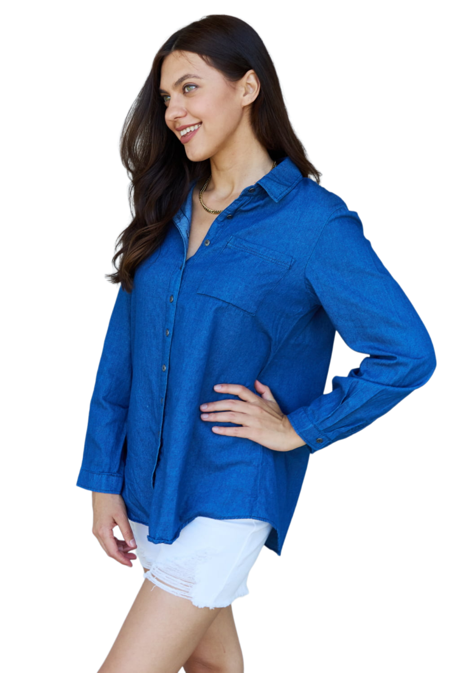 Doublju Blue Jean Baby Denim Button Down Shirt Top in Dark Blue