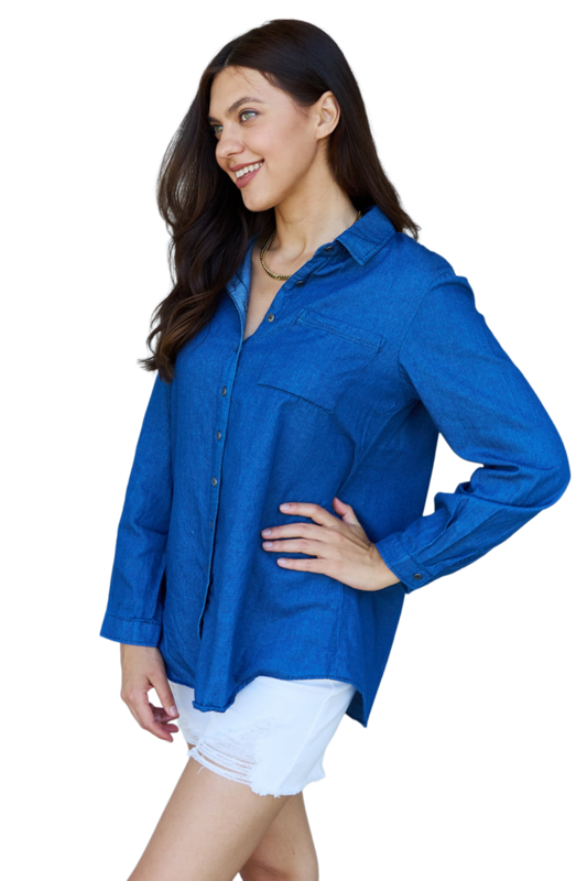 Doublju Blue Jean Baby Denim Button Down Shirt Top in Dark Blue
