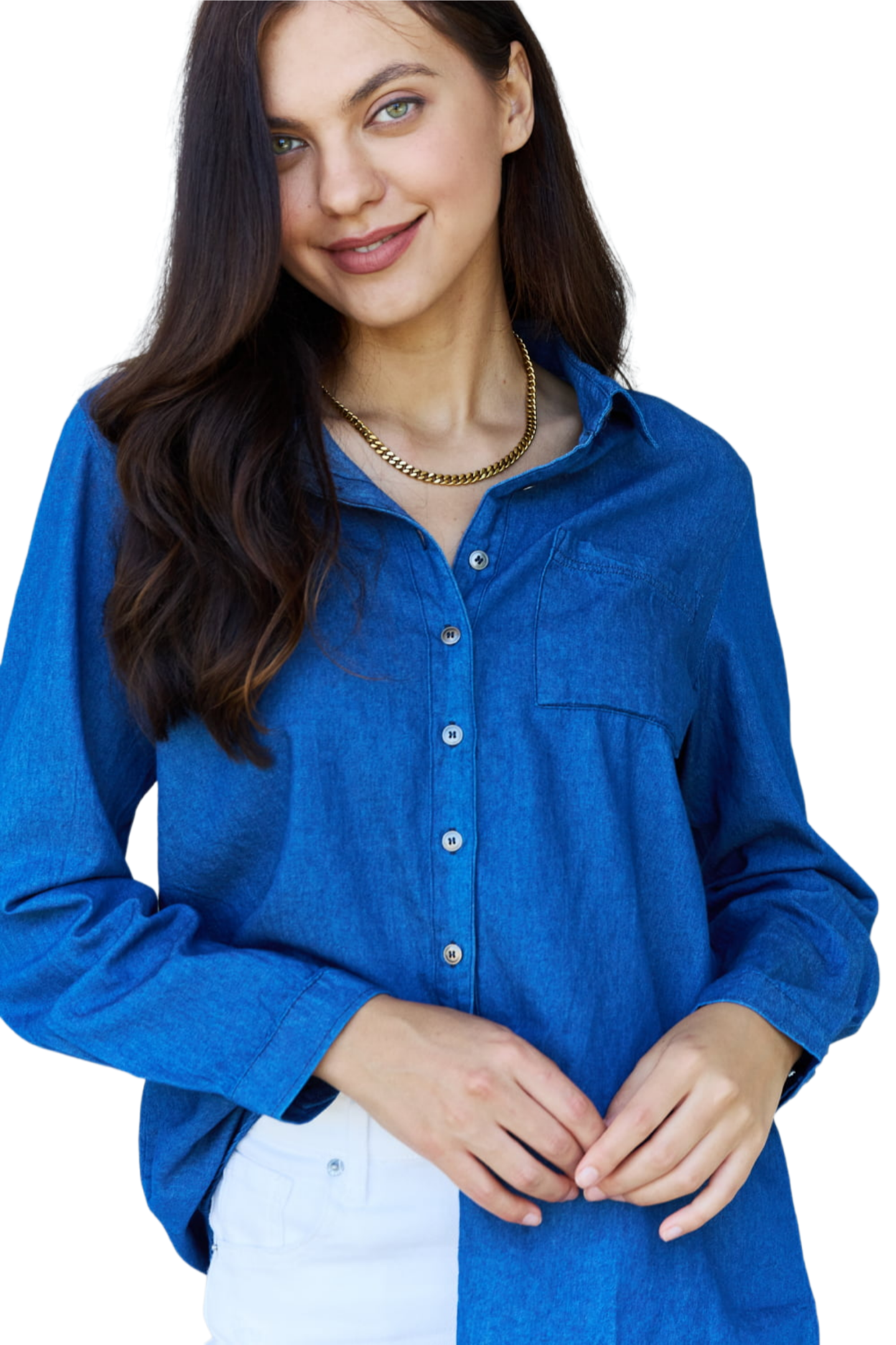 Doublju Blue Jean Baby Denim Button Down Shirt Top in Dark Blue