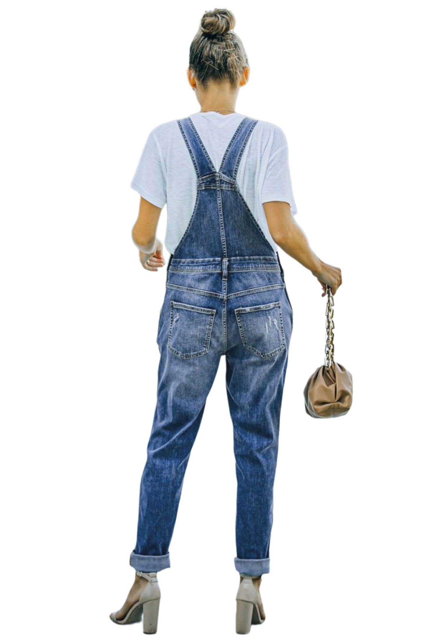 Pocketed Distressed Denim Overalls