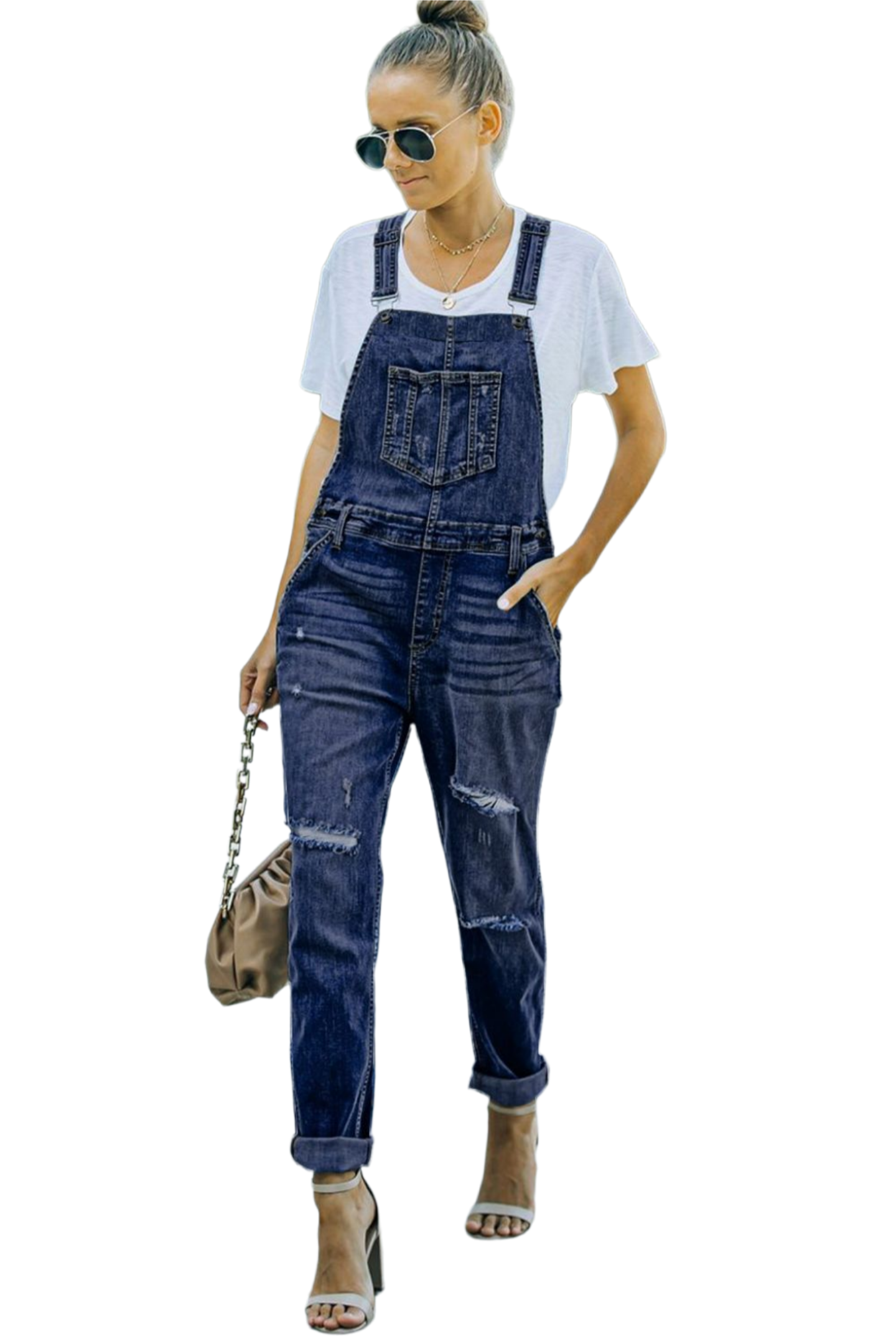 Pocketed Distressed Denim Overalls