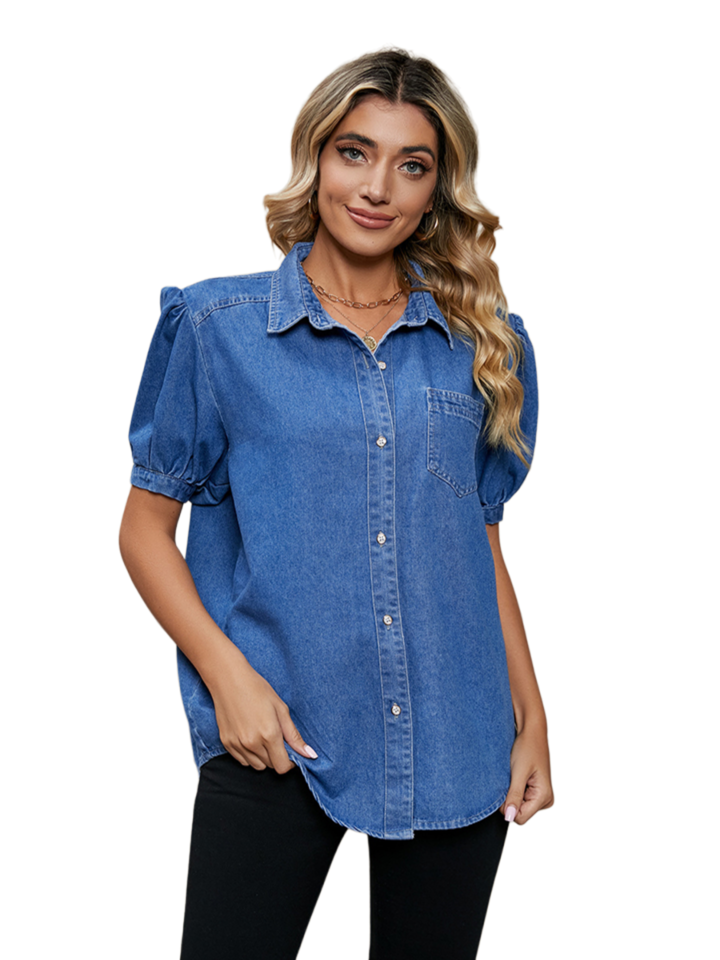 Puff Sleeve Collared Denim Top