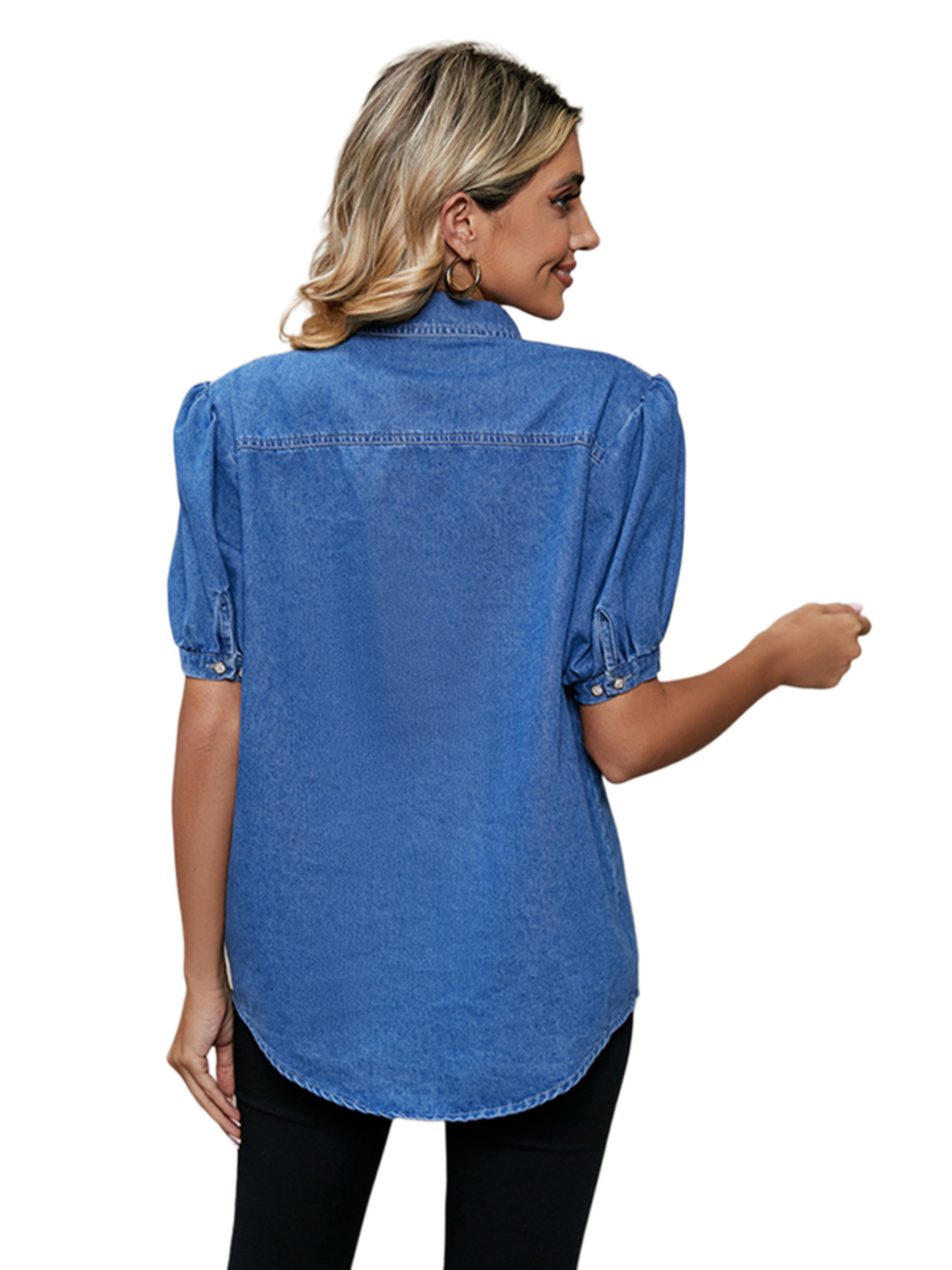 Puff Sleeve Collared Denim Top