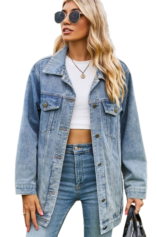 Buttoned Collared Neck Denim Jacket with Pockets