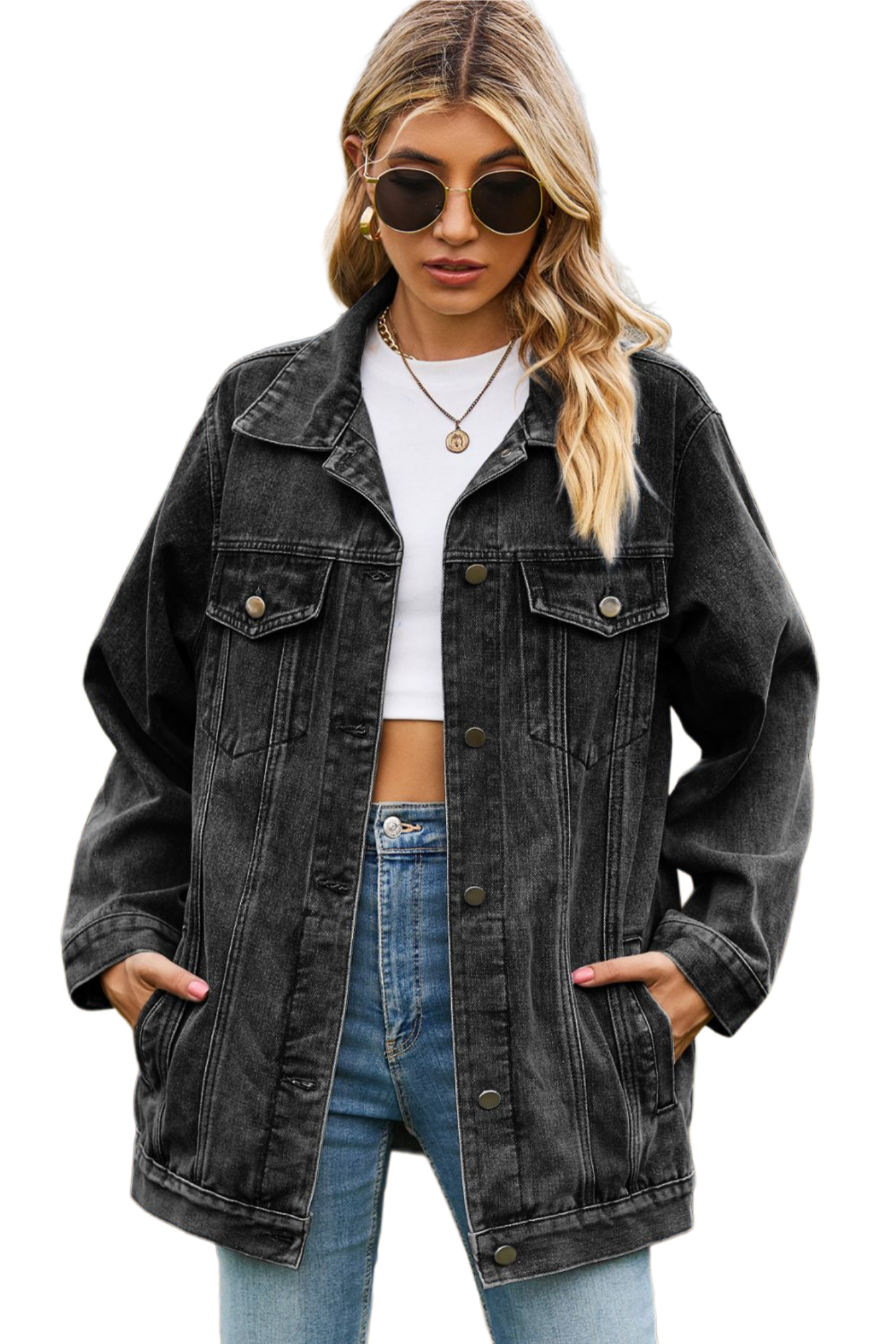 Buttoned Collared Neck Denim Jacket with Pockets