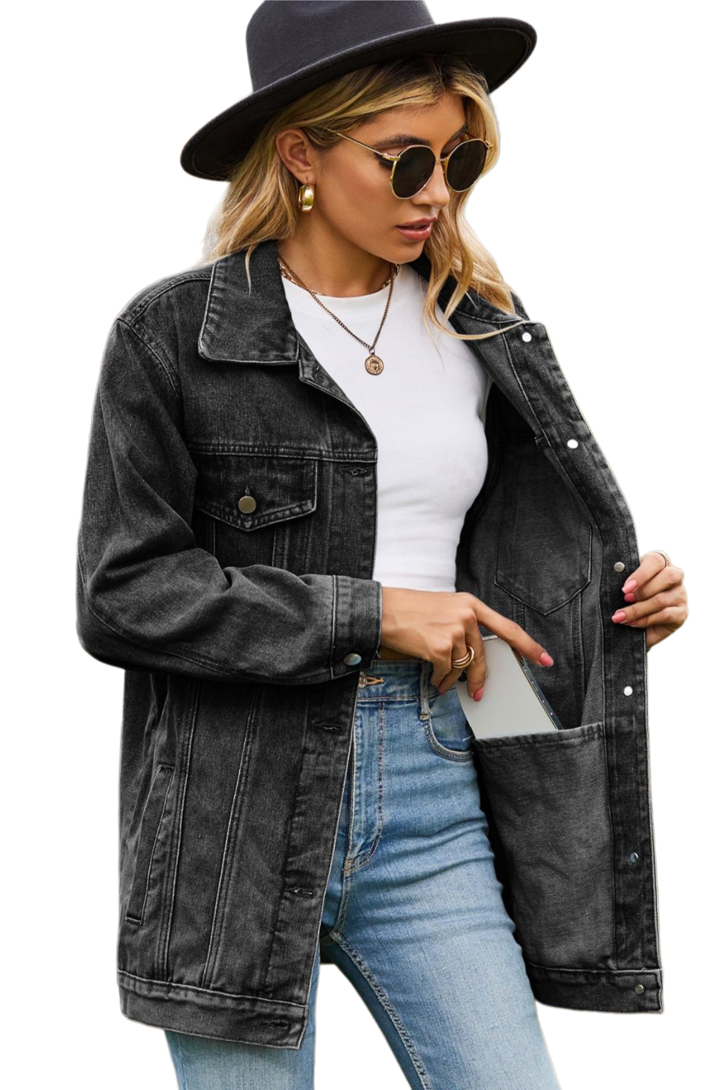 Buttoned Collared Neck Denim Jacket with Pockets