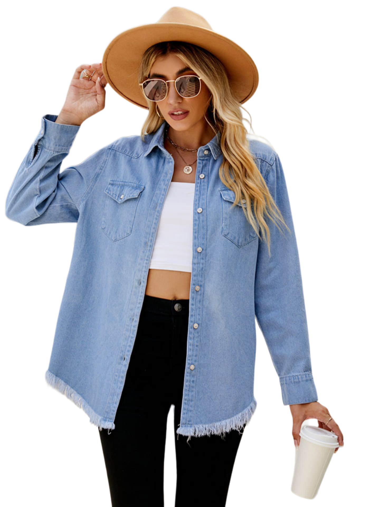Raw Hem Long Sleeve Denim Shacket
