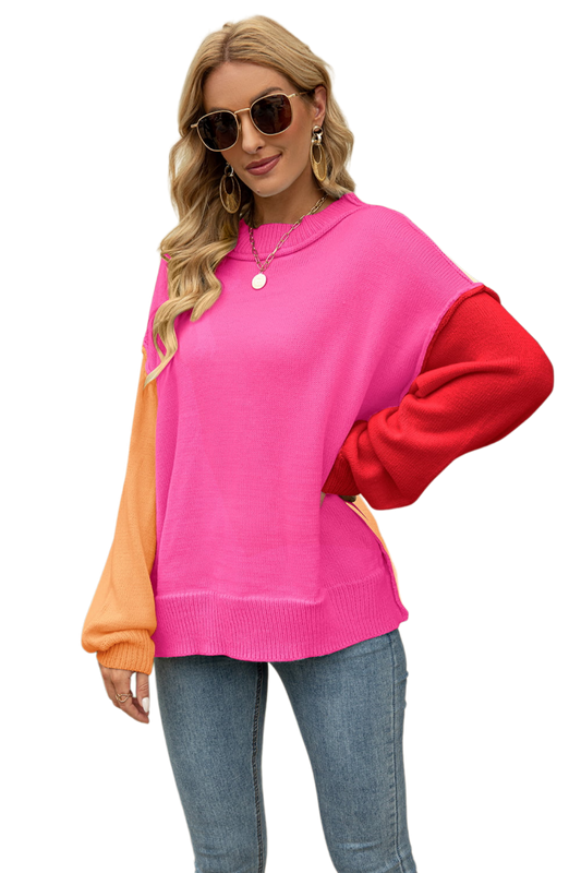 Color Block Round Neck Dropped Shoulder Sweater