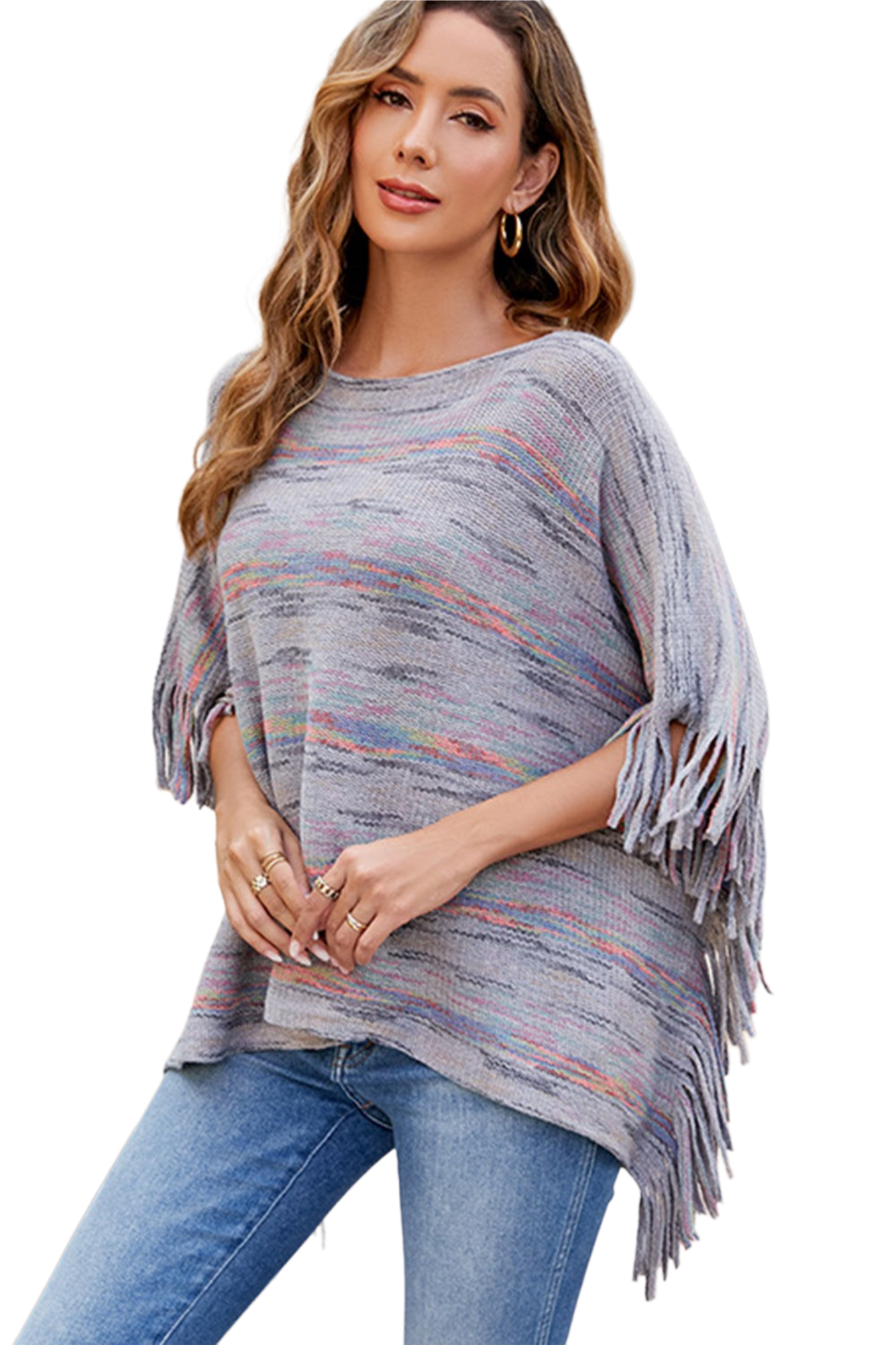 Round Neck Fringe Detail Sleeve Poncho