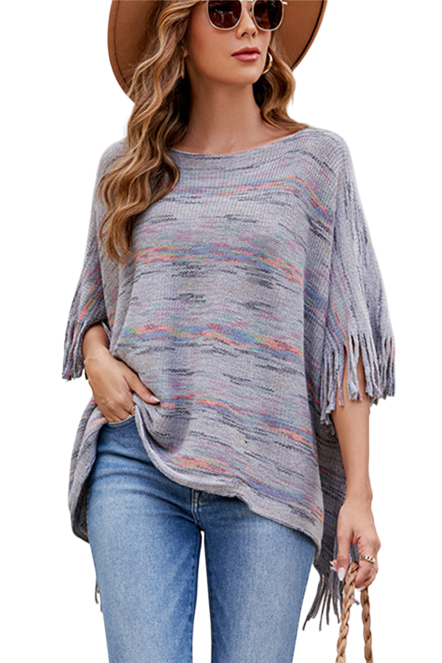 Round Neck Fringe Detail Sleeve Poncho