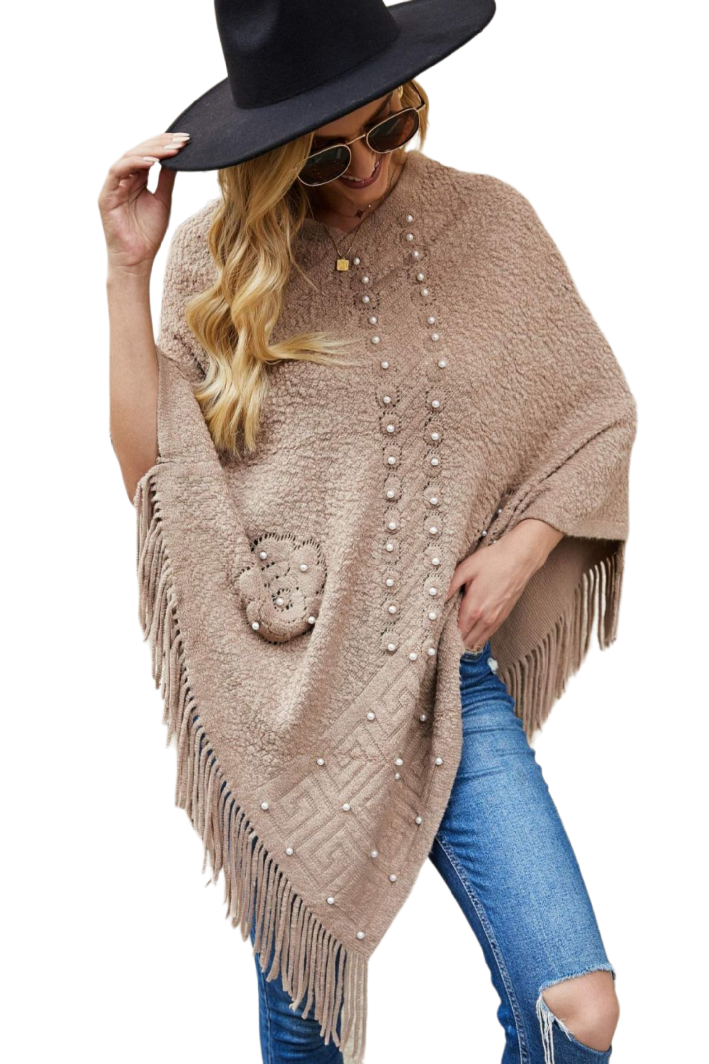 Pearl Trim Fringe Hem Poncho