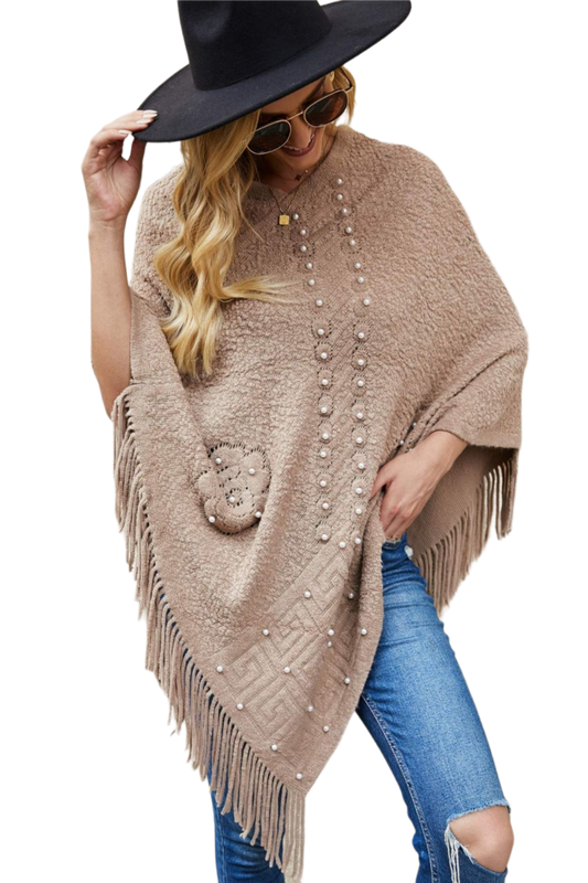 Pearl Trim Fringe Hem Poncho