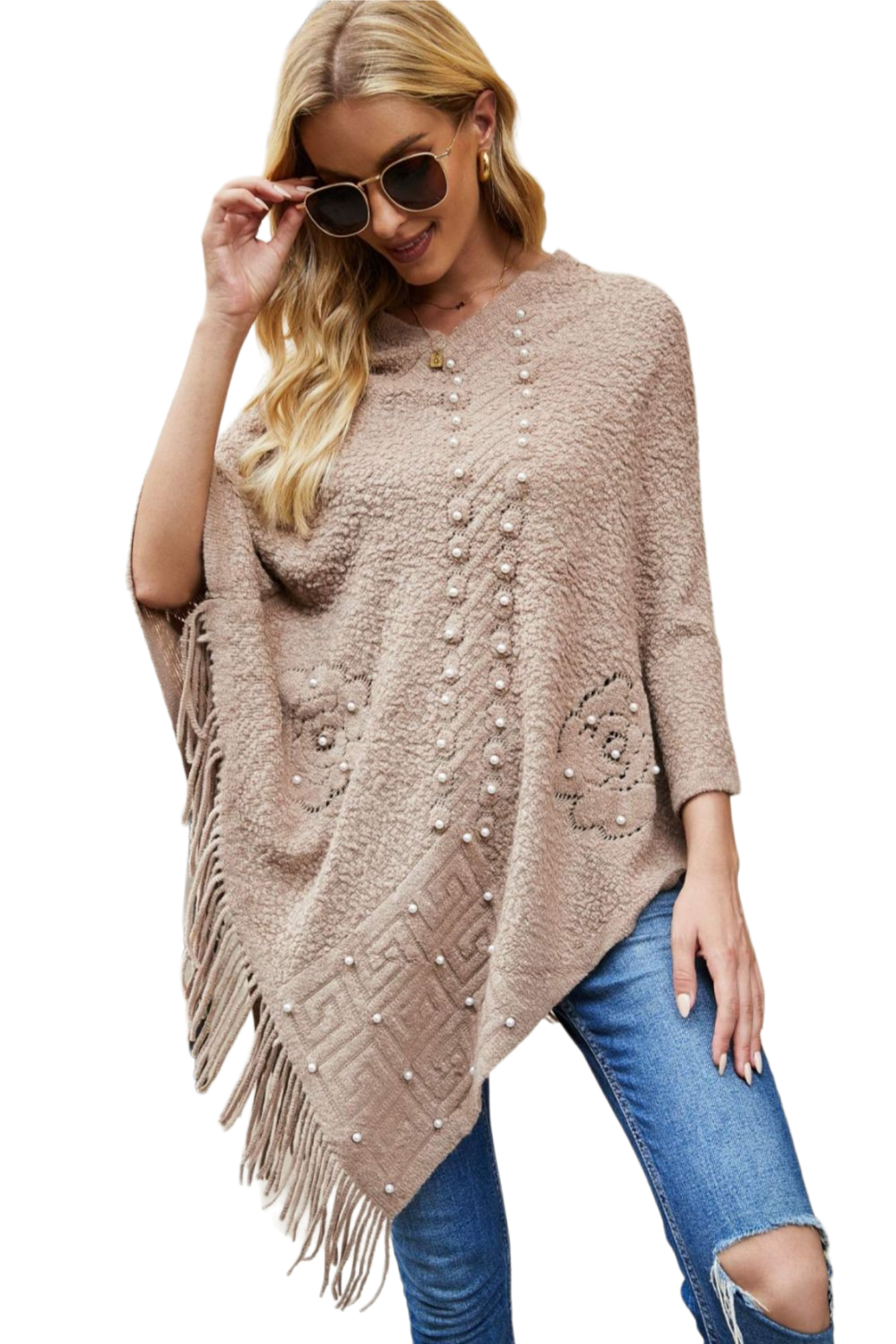 Pearl Trim Fringe Hem Poncho