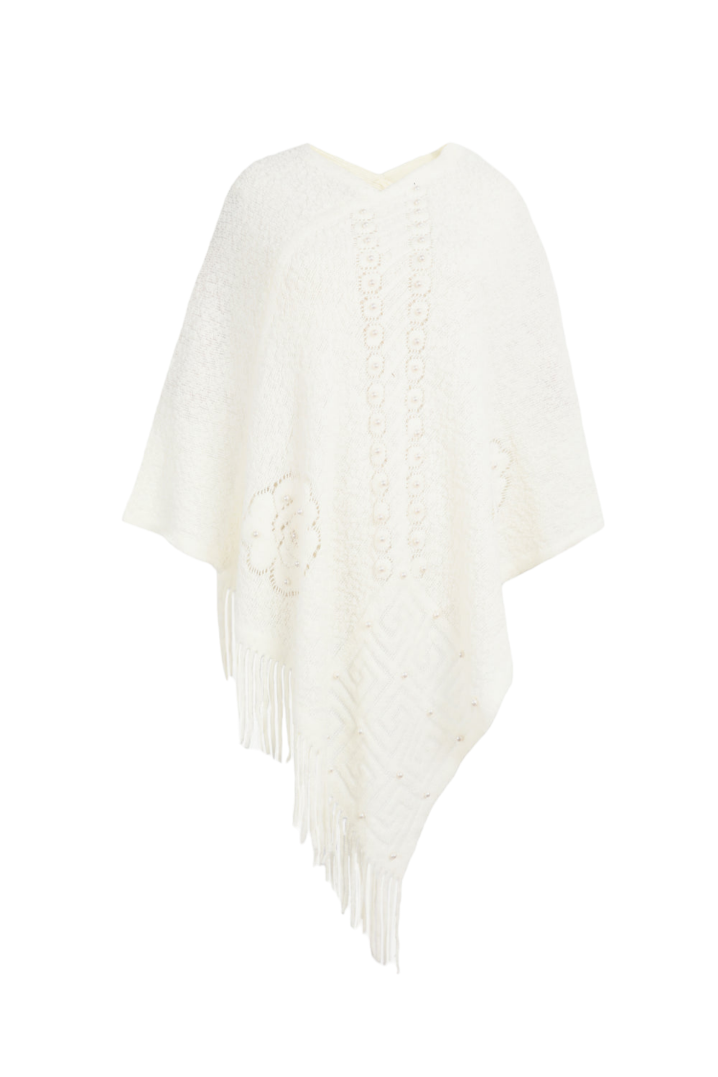 Pearl Trim Fringe Hem Poncho